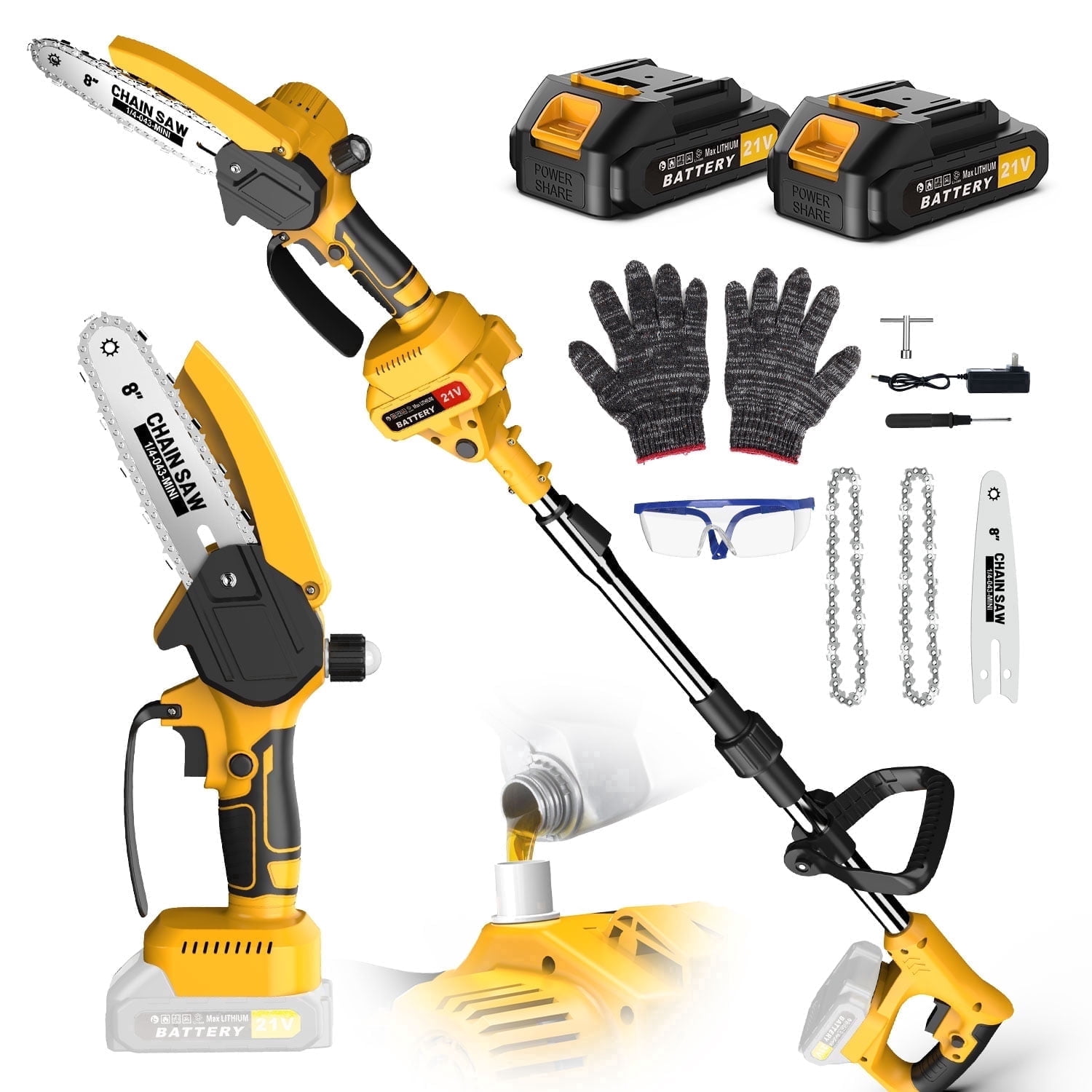 Yannovus 8-Inch Electric Pole Saw with 2 Batteries, 2-in-1 Cordless Chainsaw with 5.4 ft Extension Pole (Yellow, 8 in) vbusx