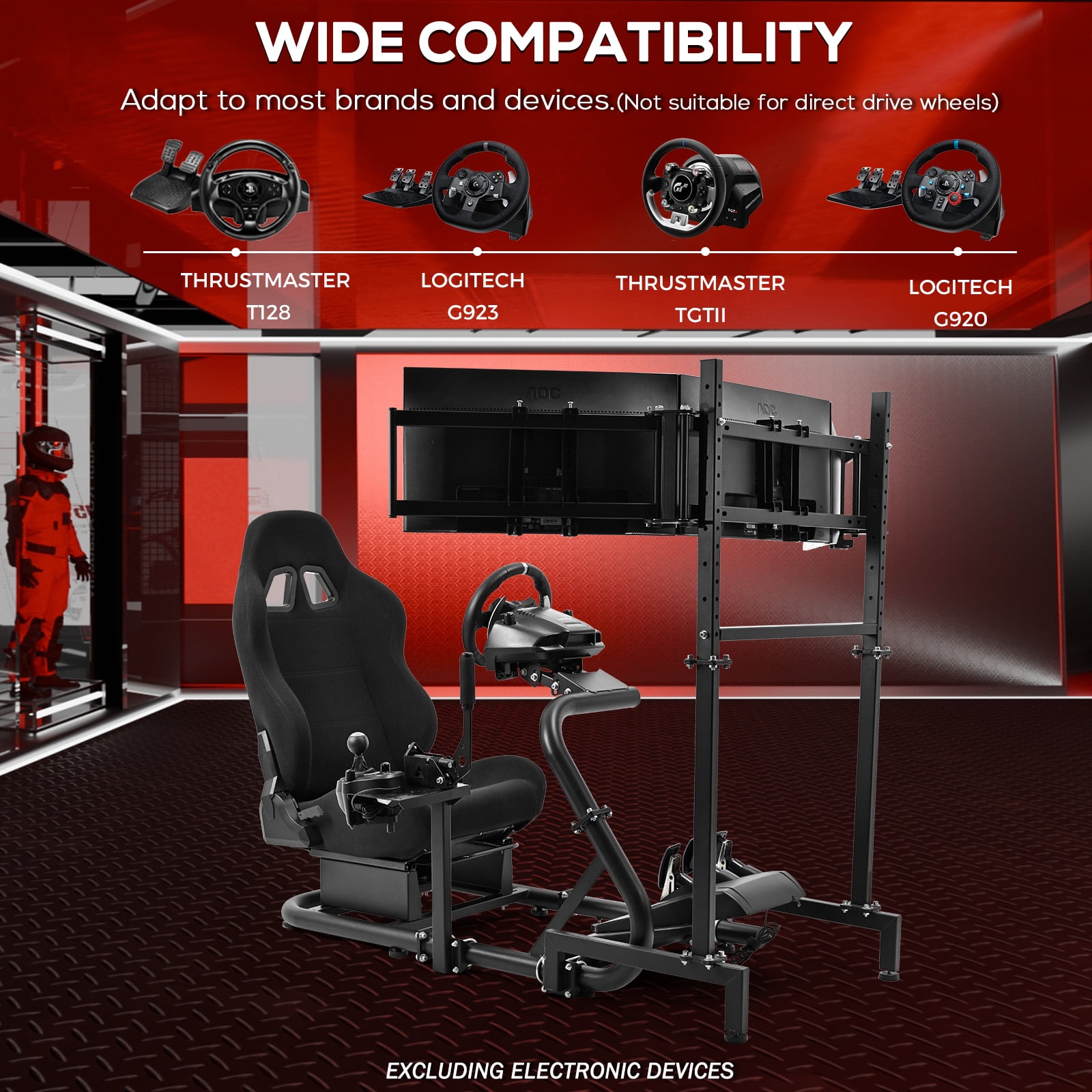 Supllueer Racing Simulator Cockpit with Triple Monitor Stand and Adjustable Seat (Black, 50 in x 24 in x 45 in) 5strn