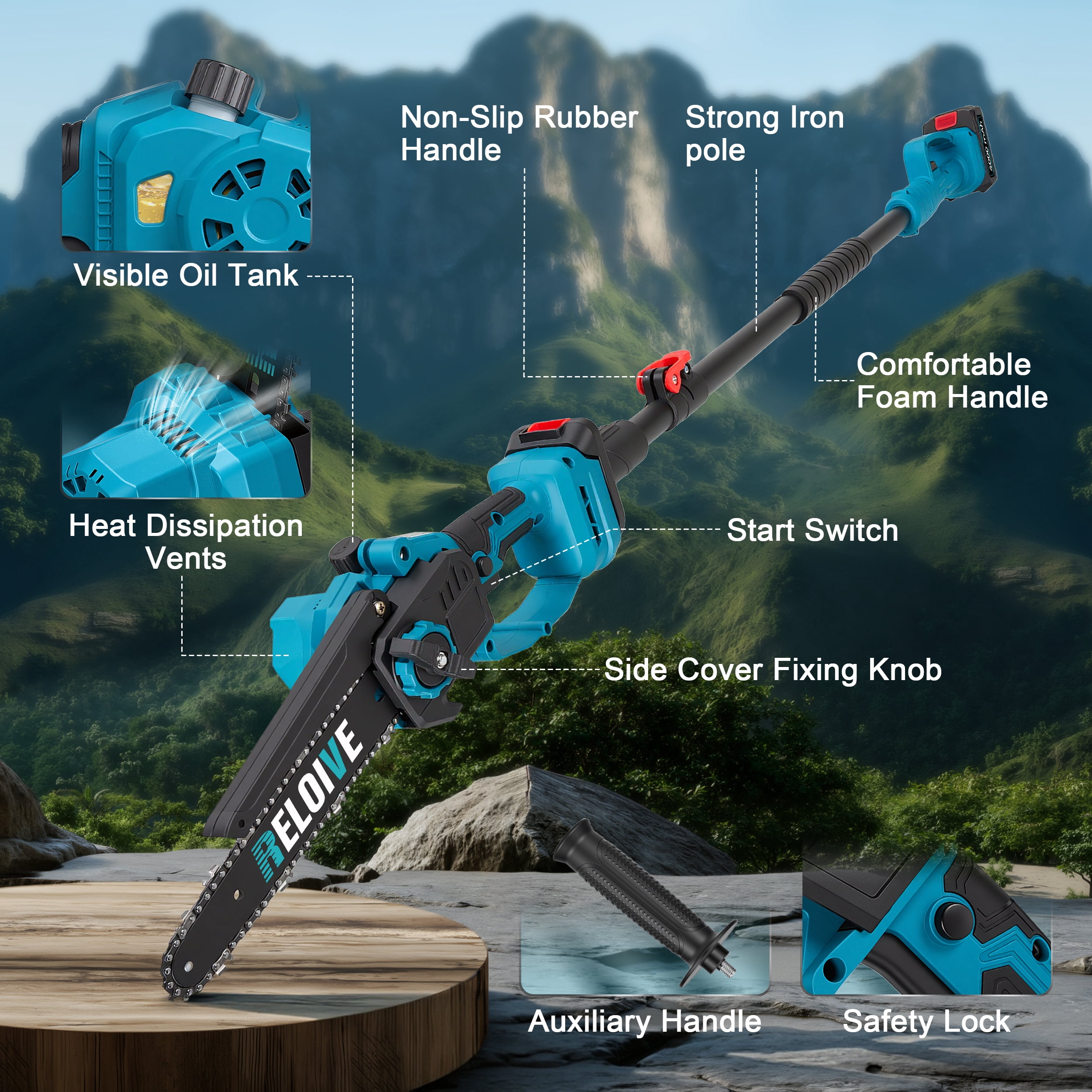 RELOIVE 3-in-1 Cordless Pole Saw and Mini Chainsaw Set, Telescoping Branch Cutter (4.9-6.8 ft, 2 Batteries) bfvpx