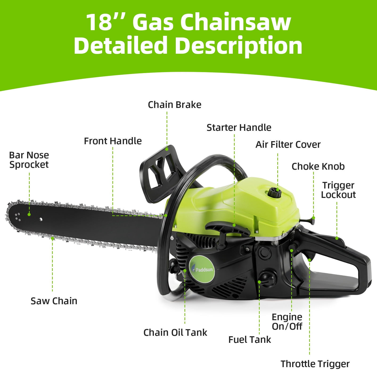 Paddsun 58CC Gas Chainsaw, High-Performance Wood Cutting Tool with Automatic Chain Oiler (Green, 18 in) 6oe4f - Image 6