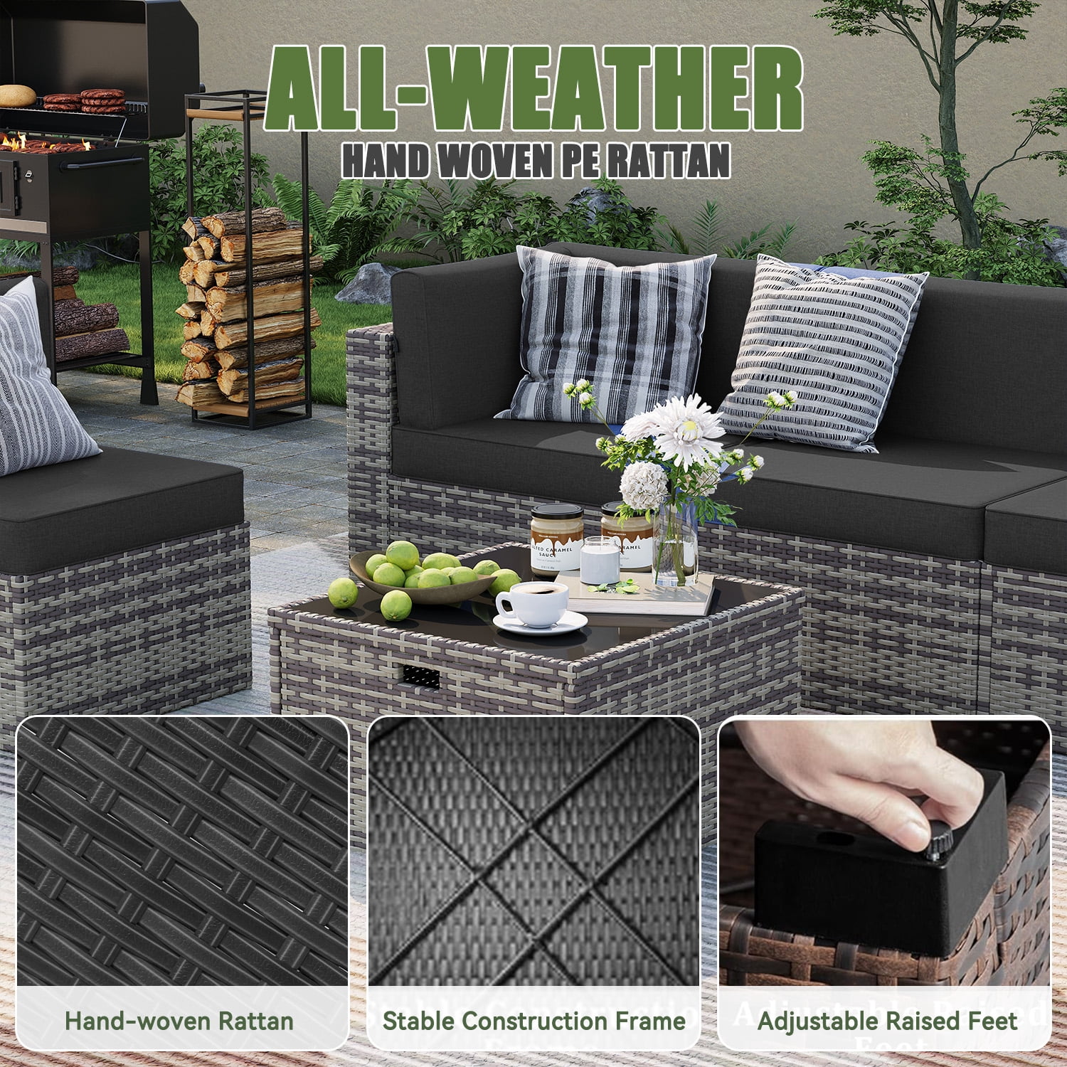 BaPiPro 7-Piece Outdoor Patio Furniture Set, Wicker Rattan Sectional Sofa with Coffee Table (Gray, 7-Piece Set) pti8t