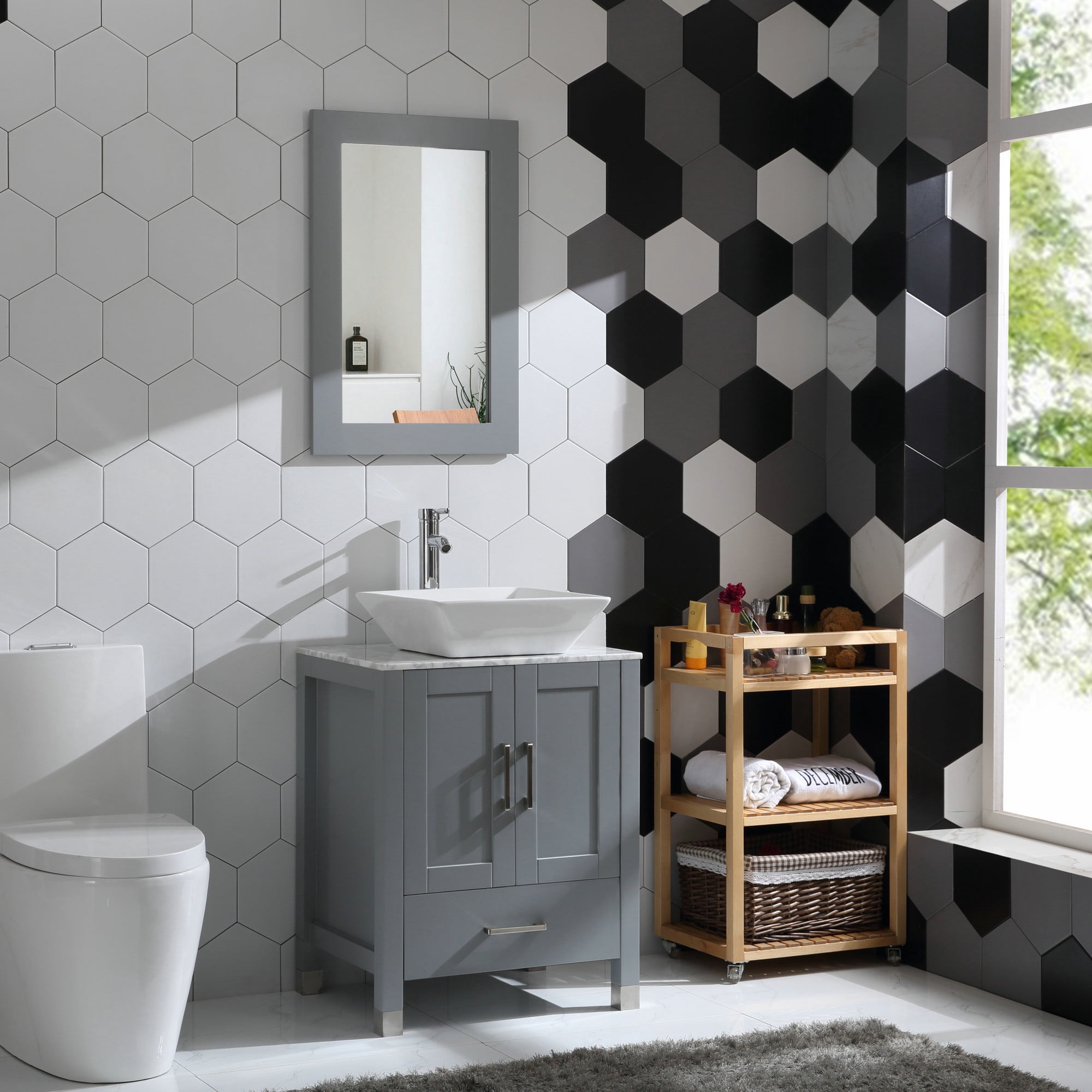 Goodyo 24 in Bathroom Vanity and Sink Combo with Marble Pattern Top, Mirror, and Faucet (Gray, 24 in) a4idm