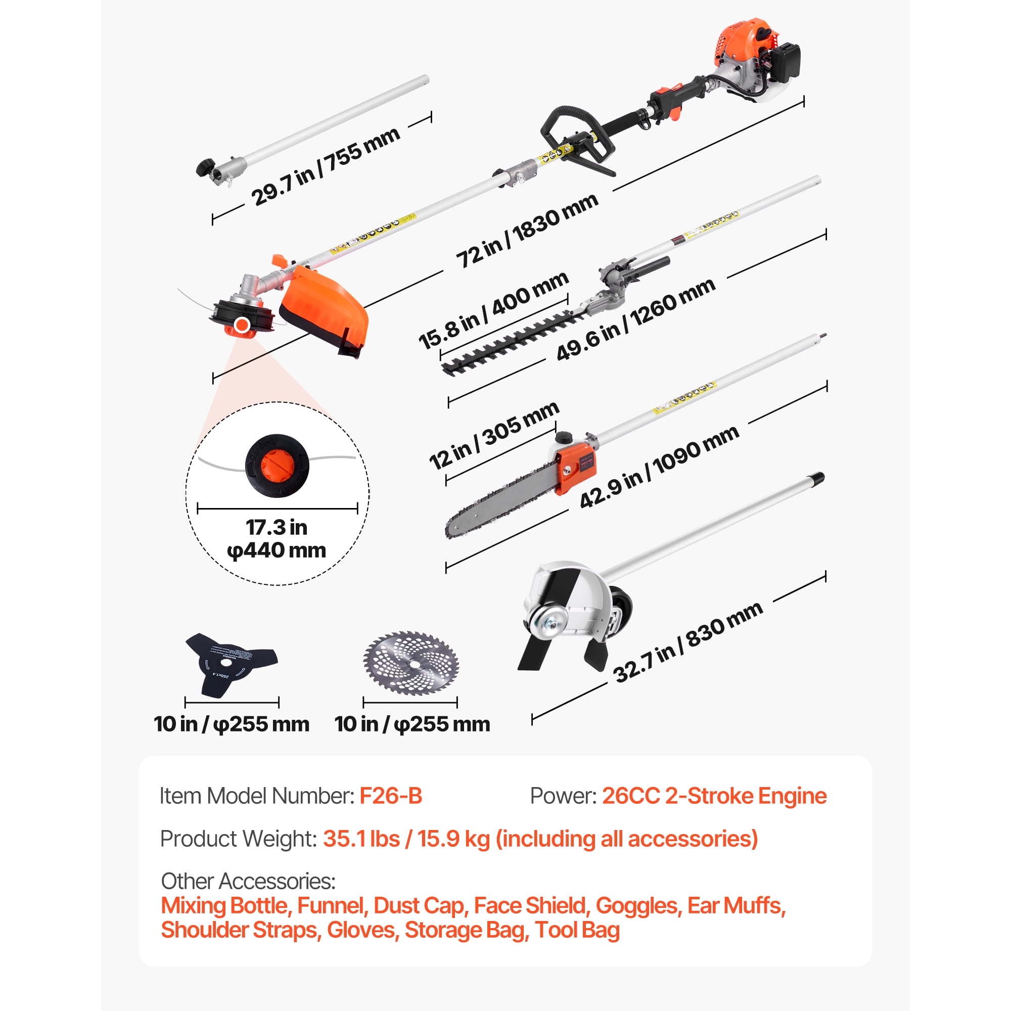 KFFKFF 6-in-1 Gas-Powered Multi-Functional Garden Tool Set, Hedge Trimmer with Extension Pole (1 Kit) j42sh