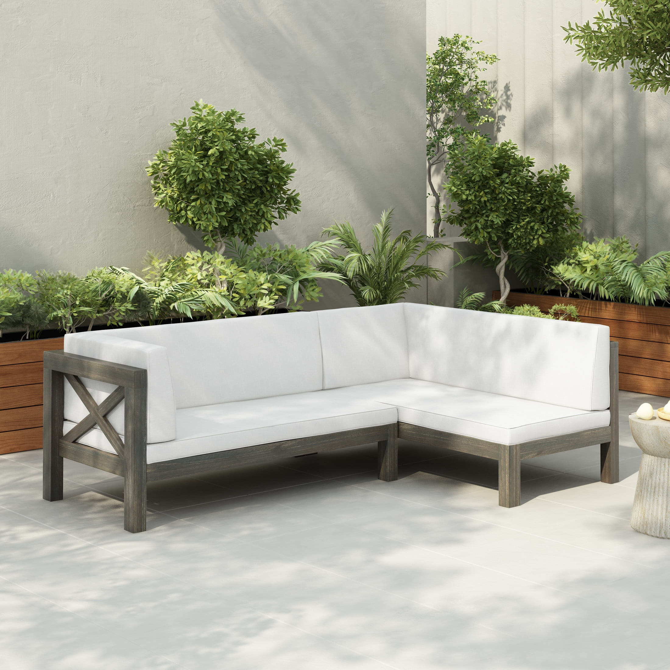 GDF Studio Mid-Century Modern 2-Piece Outdoor Patio Sofa Set, Left Corner Couch with Acacia Wood Frame and Water-Resistant Cushions (White, 88.5 in L x 58.25 in W x 26.5 in H) 0zj7y