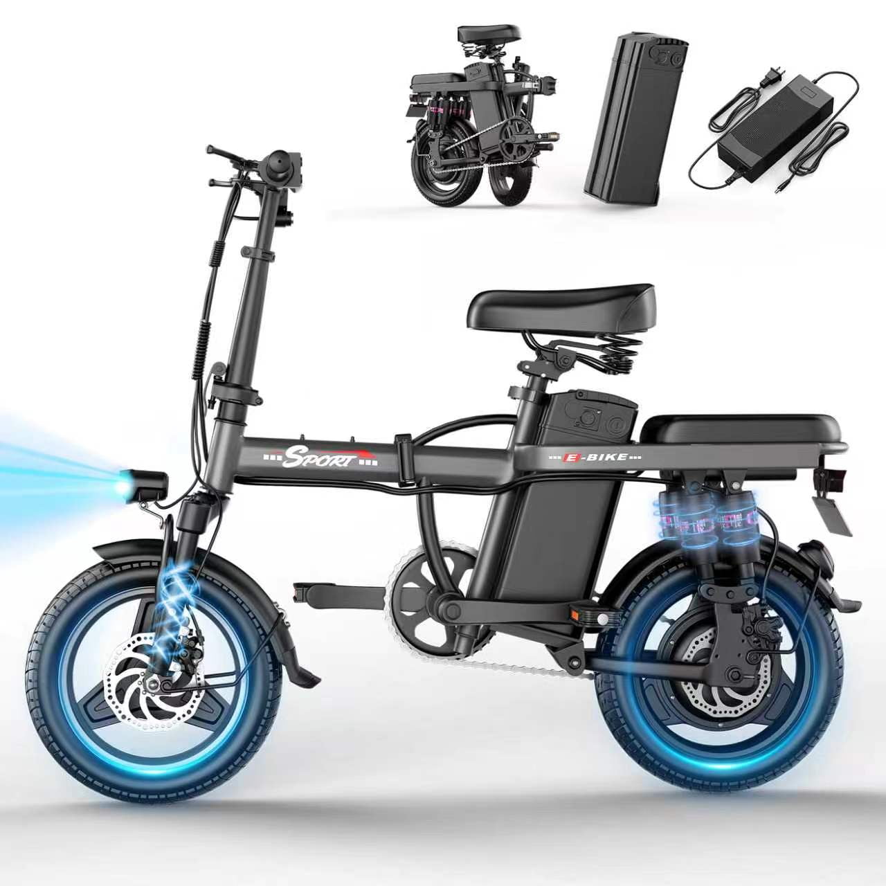 ASKGO Electric Bike for Adults, 500W Folding E-Bike with 48V Removable Battery, UL 2849 Certified Commuter Bicycle (Black, 14 in) 74aem