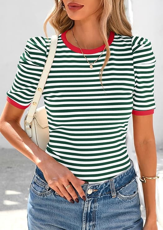 PRETTYGARDEN Women's Summer Puff Sleeve Crop Top Ribbed Knit Color Block Striped Shirt (Green, M) qljkp