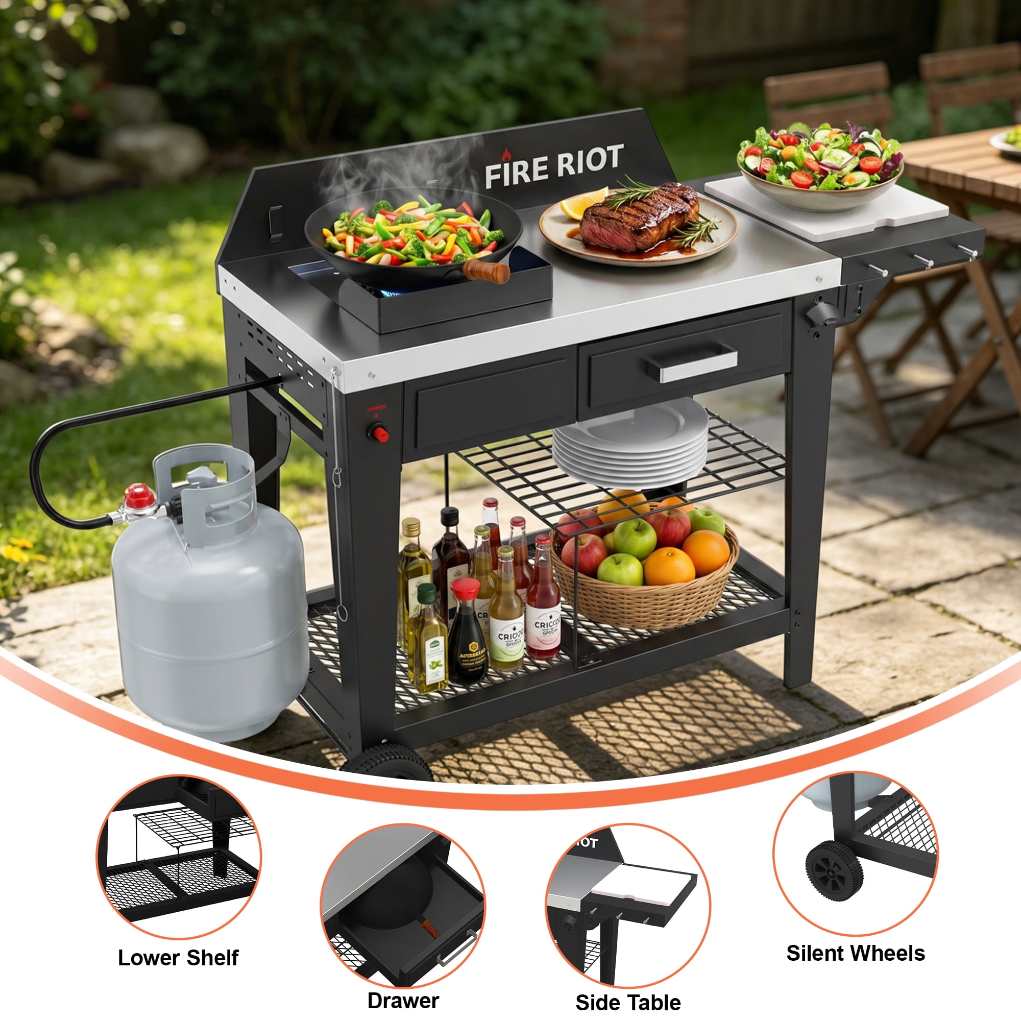 FIRE RIOT Outdoor Wok Burner and Propane Fryer Station with 12.6 in Carbon Steel Wok (Black, 50000 BTU) 8f1he