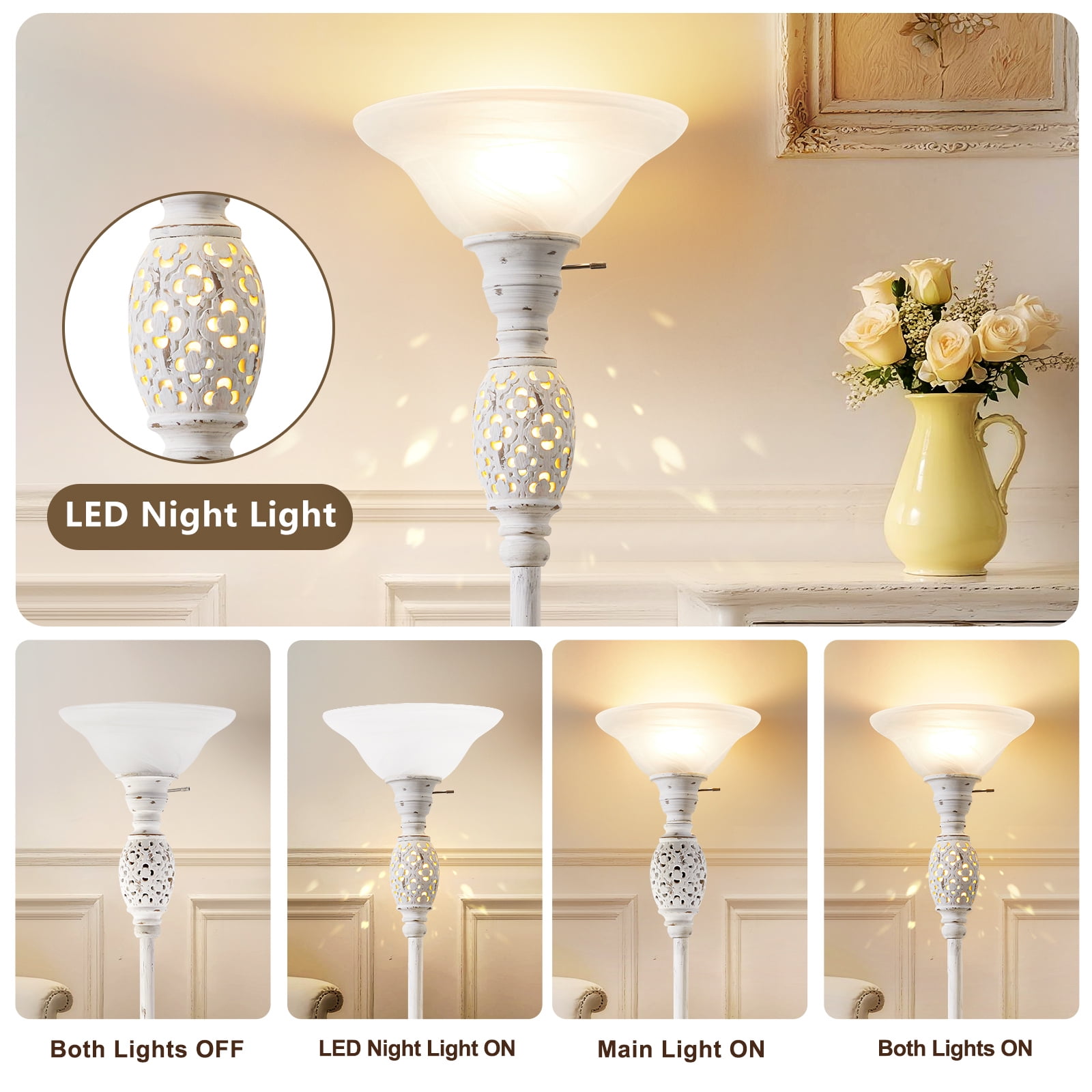 NATYSWAN Torchiere Floor Lamp with Nightlight and Glass Shade (White, 70 in) ljgyp