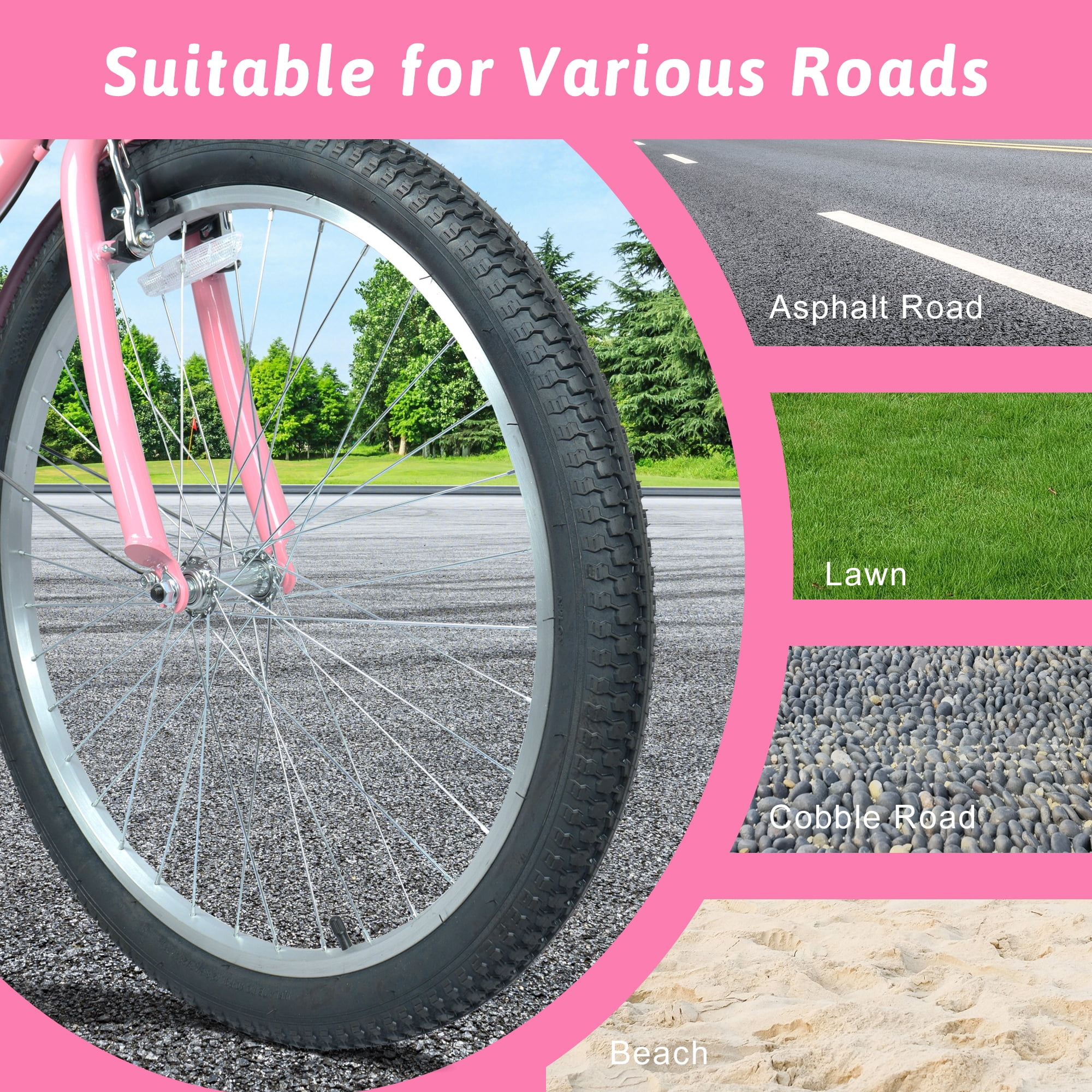 Raistyw 7-Speed Cruiser Bike, Lightweight City Commuter Bicycle with V-Brakes and Detachable Basket (Pink, 26 in) og8az