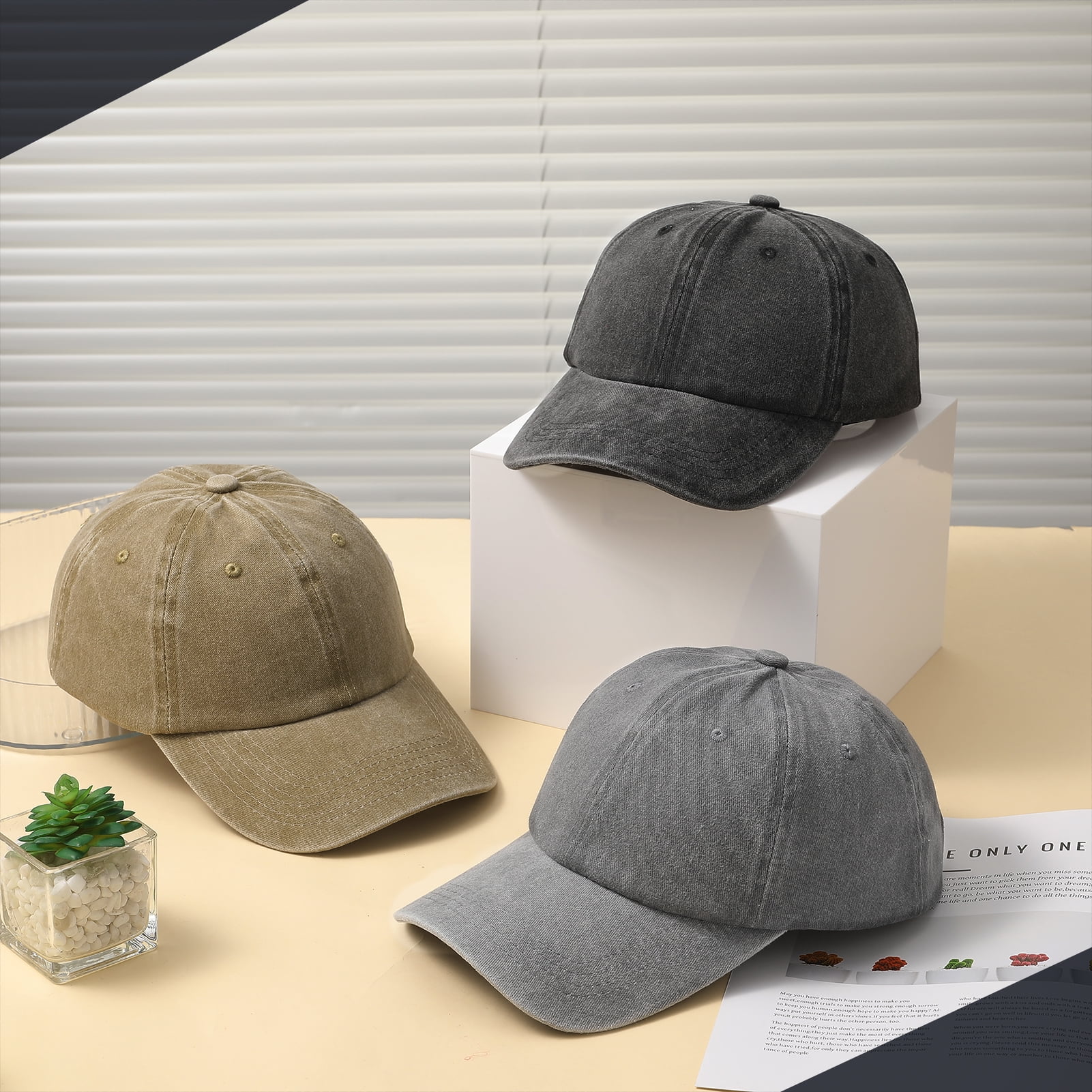 Bocaoying Washed Cotton Baseball Cap 3-Pack, Breathable Retro Adjustable Dad Hat for Men and Women (Black/Grey/Khaki, 22-23.6 in) xd5mw