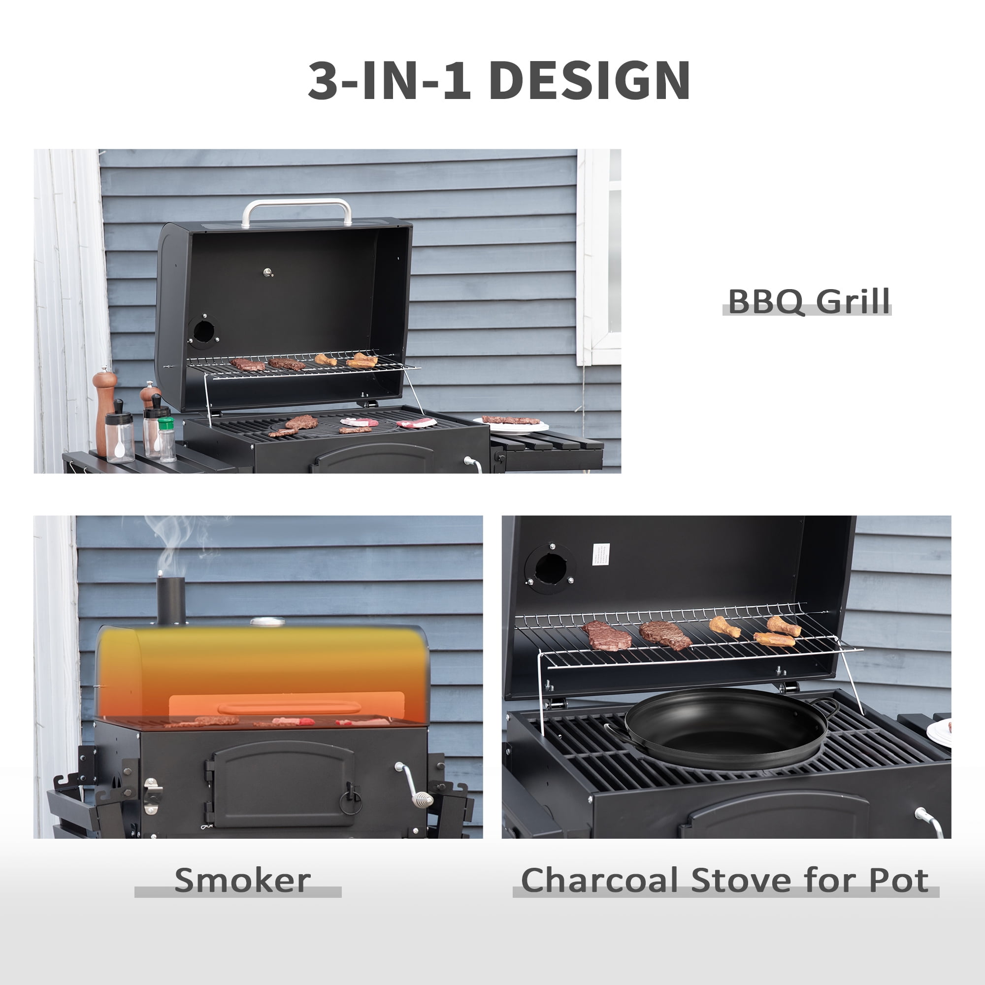 Outsunny Charcoal Grill with Side Table and Adjustable Height (Black, 48.75 in x 26 in x 44 in) clkkz
