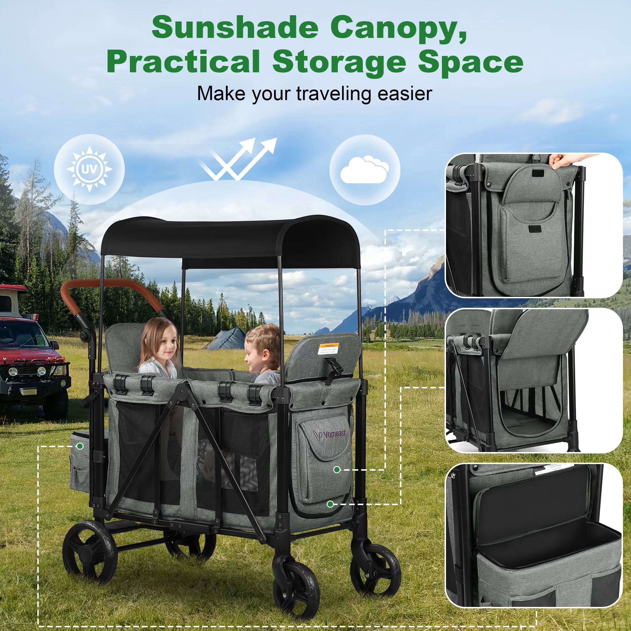 Vomeast 3-in-1 Wagon Stroller for 2 Kids, Outdoor Baby Stroller with Canopy and 5-Point Harness (Grey, 200 lb Capacity) 3b7gc