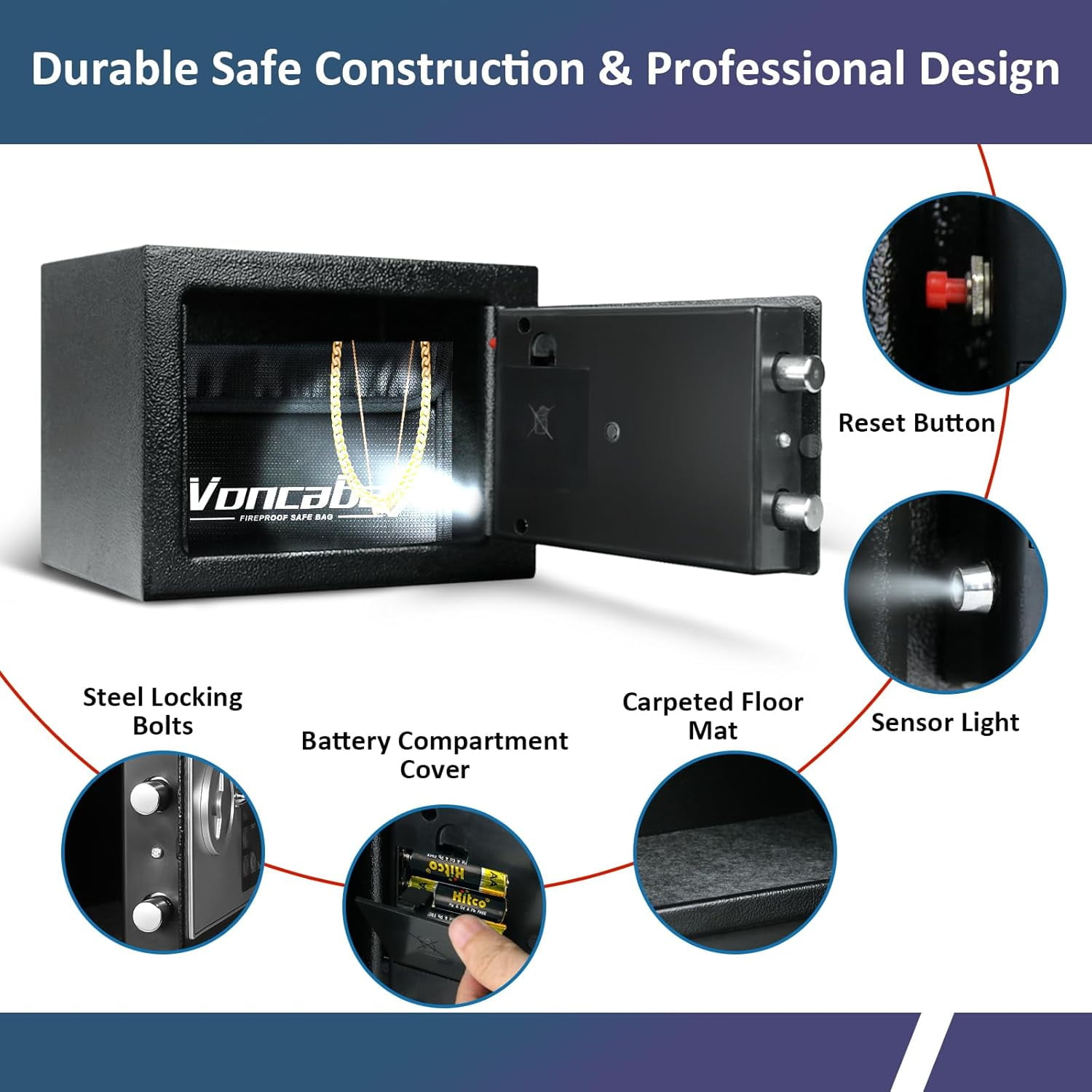 Voncabay Digital Security Safe Box with Fireproof Document Bag (Black, 12 in x 8 in x 8 in) um07f