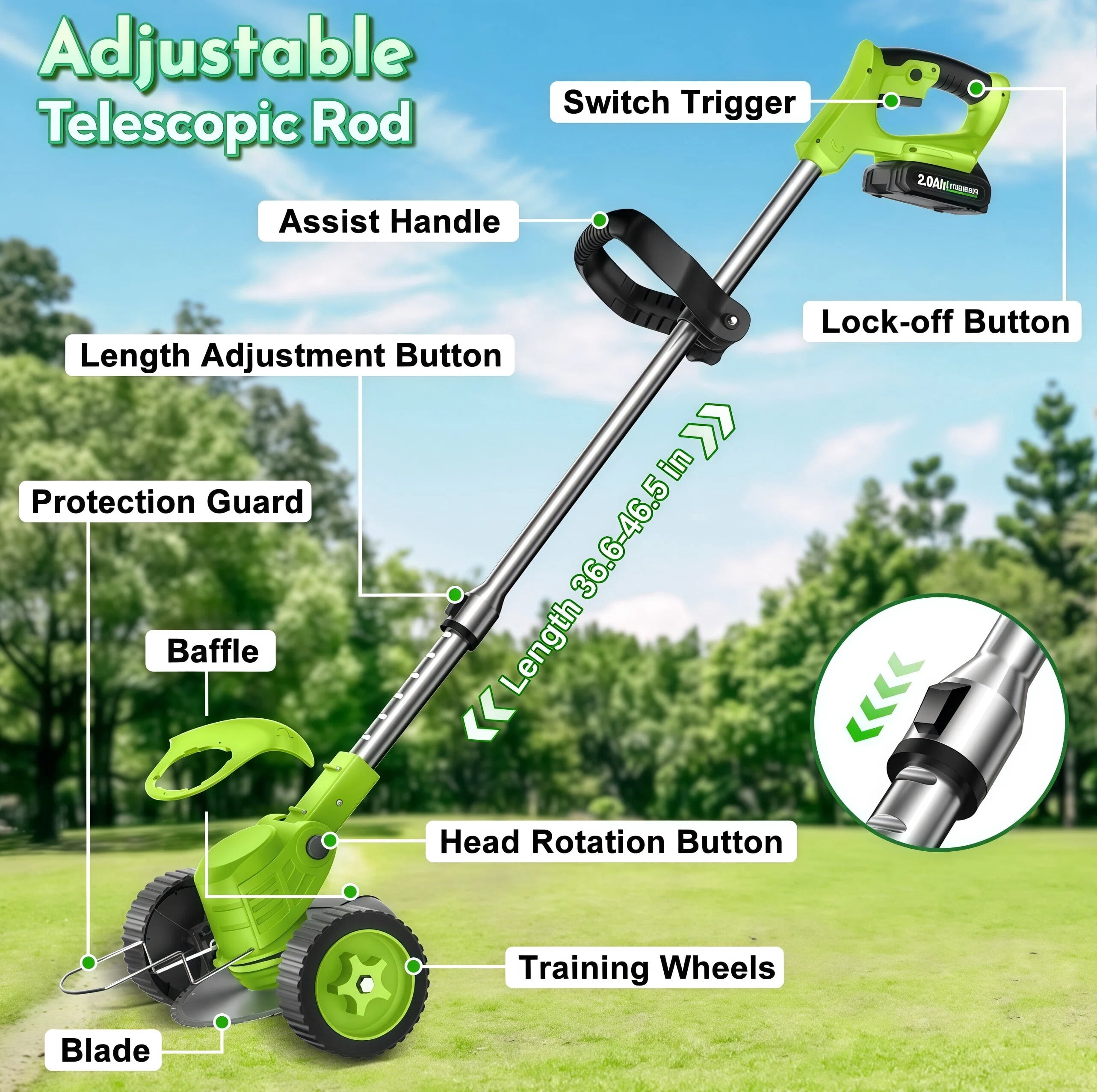 Teblint 800W Cordless Electric Weed Wacker, String Trimmer and Edger with Wheels, 21V Batteries, Adjustable Telescopic Pole (Green, 4.5 lb) 1hgmz