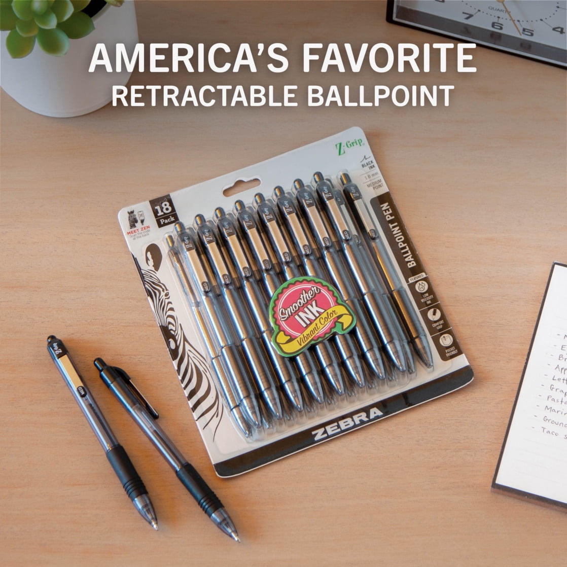 Zebra Z-Grip Retractable Ballpoint Pen, Smooth Writing Medium Point, Black Ink (Black, 18-Count) x6lvb