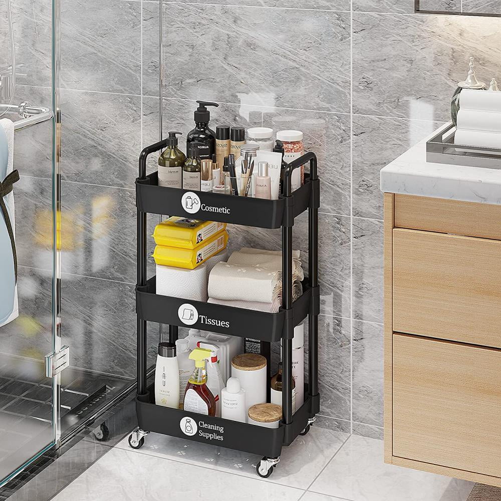 COWIN 3-Tier Metal Rolling Utility Cart with 6 Hooks (Black, 17 in x 15 in x 34 in) 7wkkx