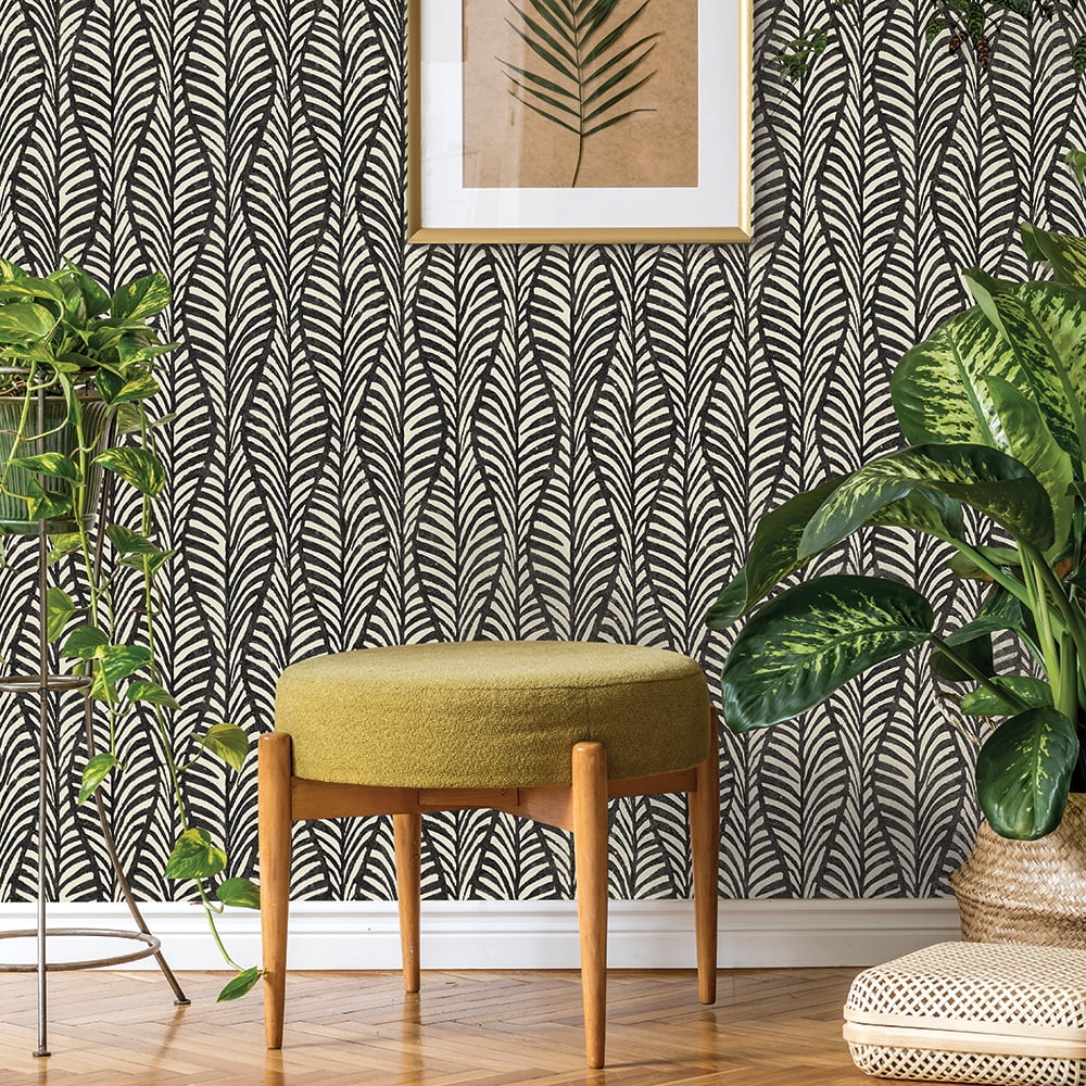 Tempaper Block Print Leaves Peel and Stick Wallpaper (Black, 20.5 in x 16.5 ft) vj2fh
