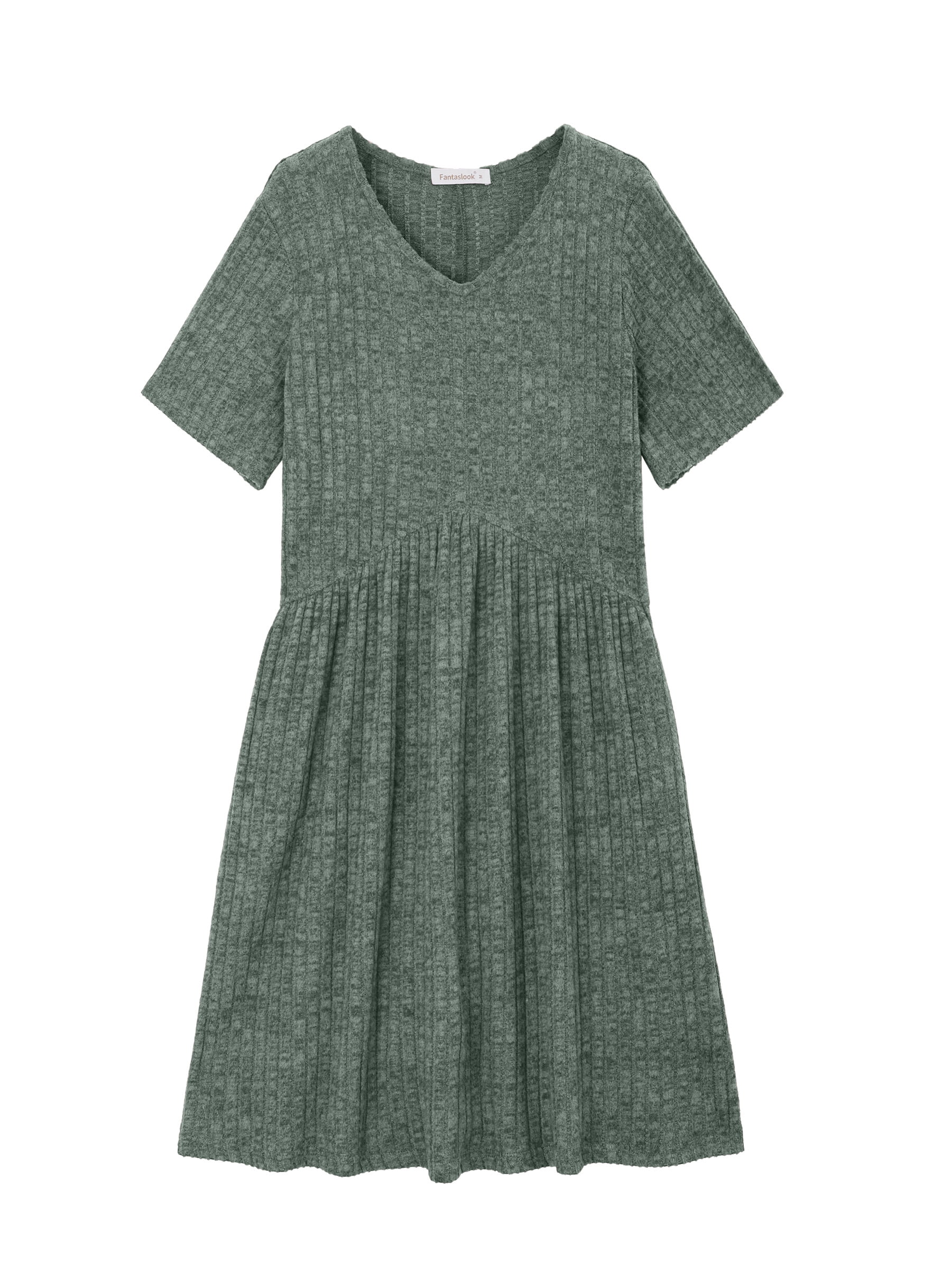 Fantaslook Women's V-Neck Midi Dress Short Sleeve Empire Waist Casual Tunic with Pockets (Green, L) 4ck2p