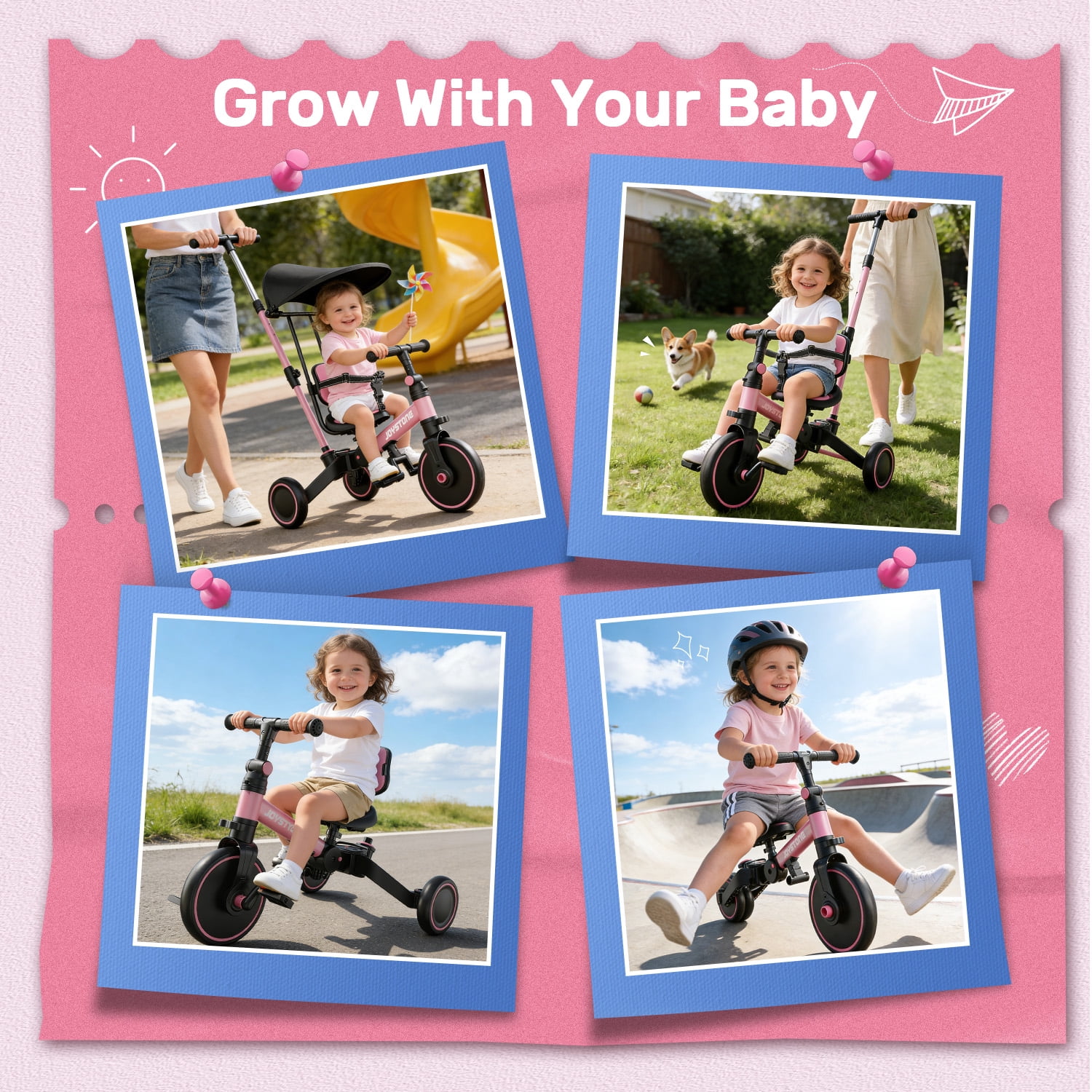 JoyStone 7-in-1 Foldable Toddler Tricycle and Balance Bike with Parental Control Handle and Adjustable Canopy (Pink) p8g8q