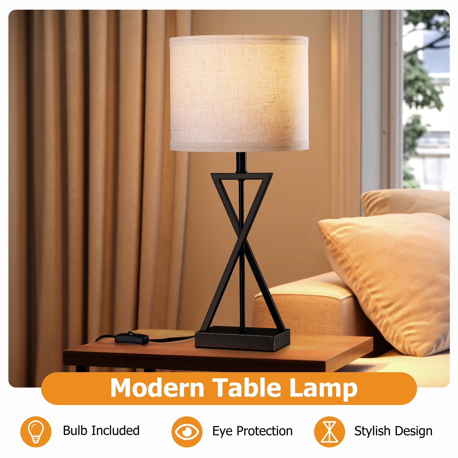 Walchoice Modern Table Lamp, Minimalist Bedside Desk Lamp with Linen Shade (Matte Black, 15 in) 8ly8o