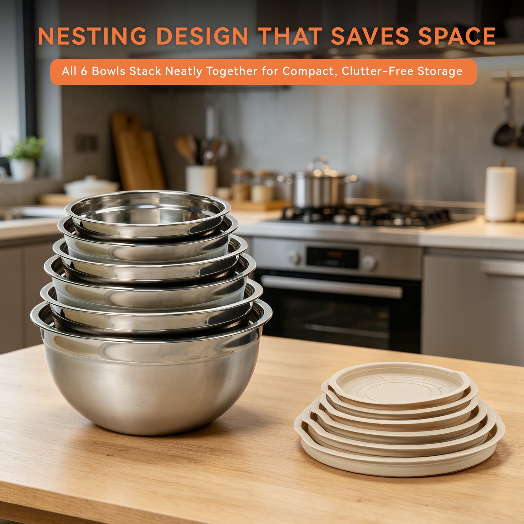 NULAS Stainless Steel Mixing Bowl Set with Airtight Lids, Nesting Kitchen Prep Bowls (Beige, 6-Piece Set) tqpq1
