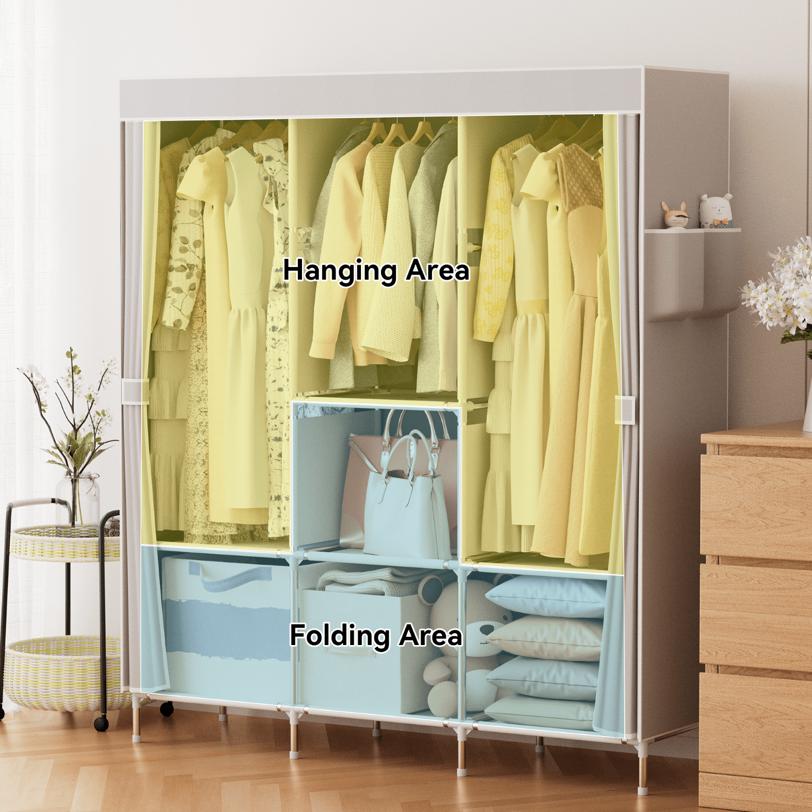 YOUPINS Portable Closet Organizer with 8-Shelf and Hanging Rods (Gray, 50.4 in x 17.7 in x 67 in) 6re5r