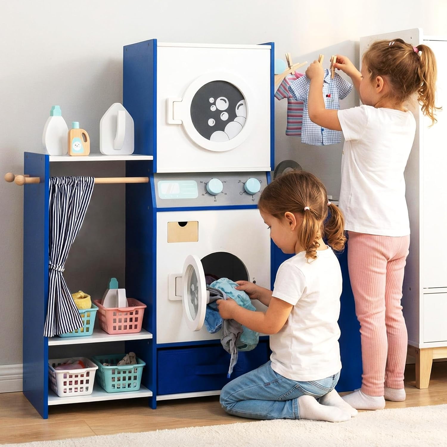 Olakids Kids Toy Washing Machine Playset, Wooden Pretend Laundry Center with Ironing Station and Accessories (Blue, 35 in x 12 in x 36 in) zg9cy