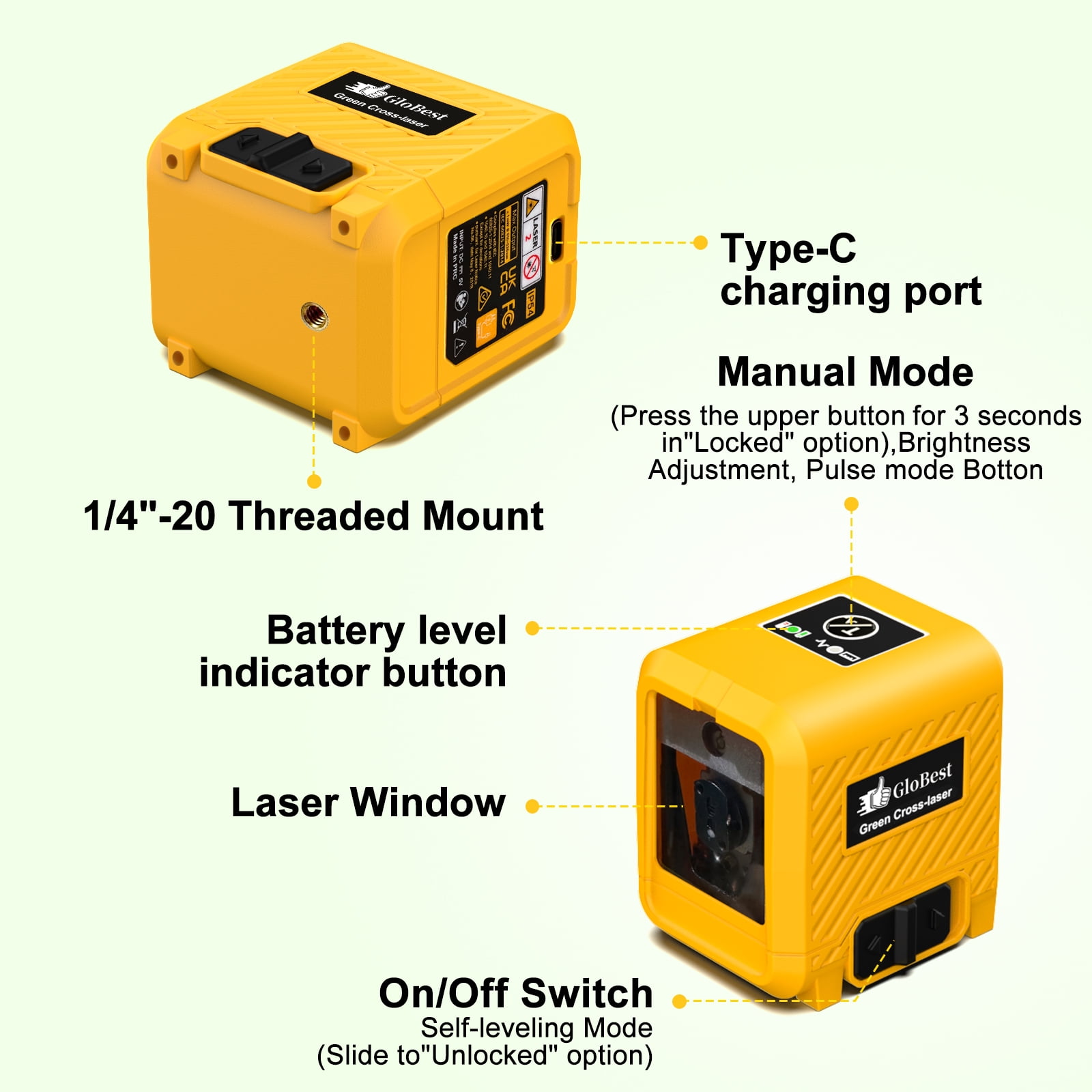 GloBest Portable Rechargeable Green Laser Level, Self-Leveling Cross Line Tool with Magnetic Bracket (Green, 100 ft Range) o3r6b