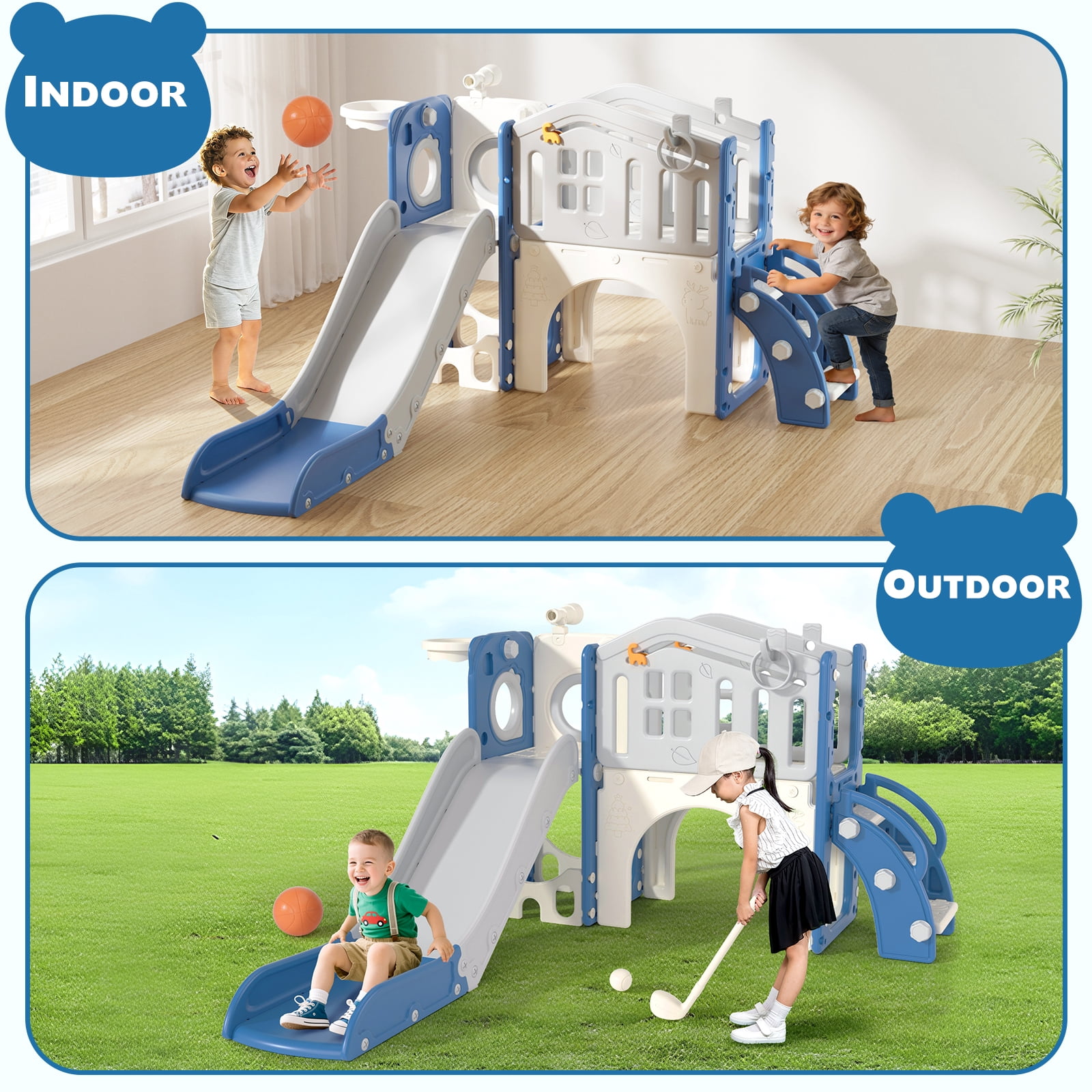 XJD 10-in-1 Toddler Slide and Activity Playset, Indoor and Outdoor Playground with Basketball Hoop and Climbing Zone (Blue and Gray) 125sk