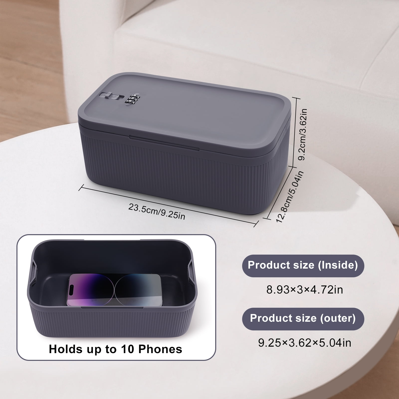Locbbie Lockable Storage Box with 3-Digit Combination Code (Grey, 11.8 in x 7.9 in x 6.3 in) 53gfs