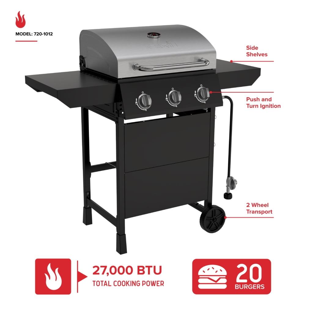 Nexgrill 3-Burner Propane Gas Grill with Side Tables, Stainless Steel Lid, 429 sq in Cooking Area (Black, 27,000 BTU) o75dm