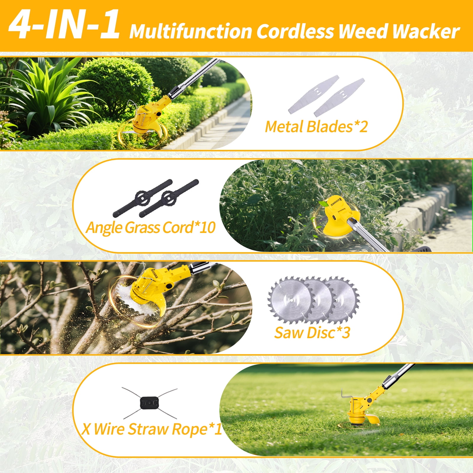 Generic Cordless Grass Trimmer, Electric Weed Eater with 4 Blades and High-Capacity Battery (Black, 1 Pack) tu8gj