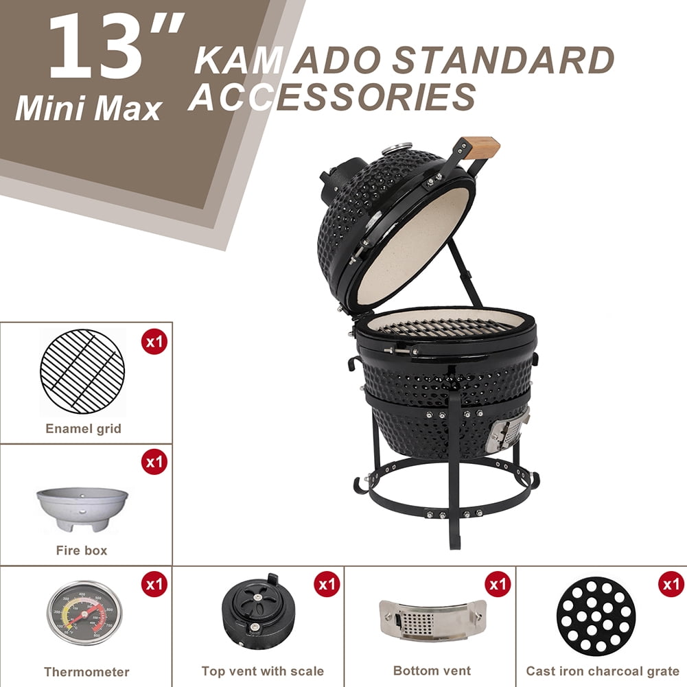 Veryke 13in Ceramic Charcoal Kamado Grill, Outdoor BBQ Smoker and Roaster (Black, 13 in) 49lyr