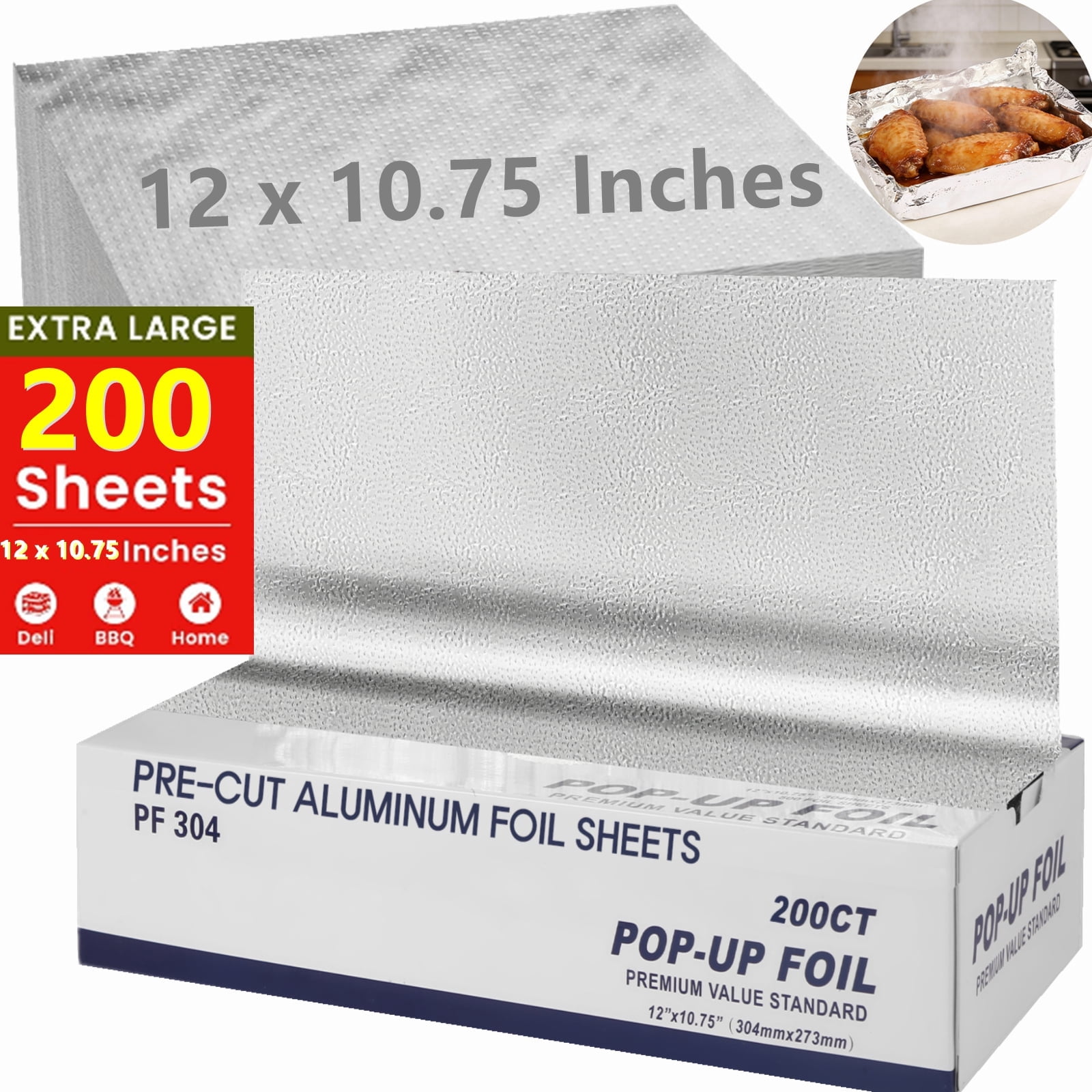 LONGOMA Aluminum Foil Sheets, Pre-Cut Pop-Up Food Wrap for Baking and Grilling (Silver, 200 Count, 12 in x 10.75 in) 7zir6
