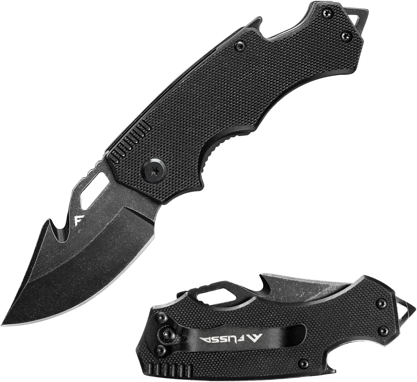 FLISSA Mini Folding Pocket Knife, Stainless Steel Drop Point Blade, EDC Utility Tool with Glass Breaker (Black, 6 in) fax3o