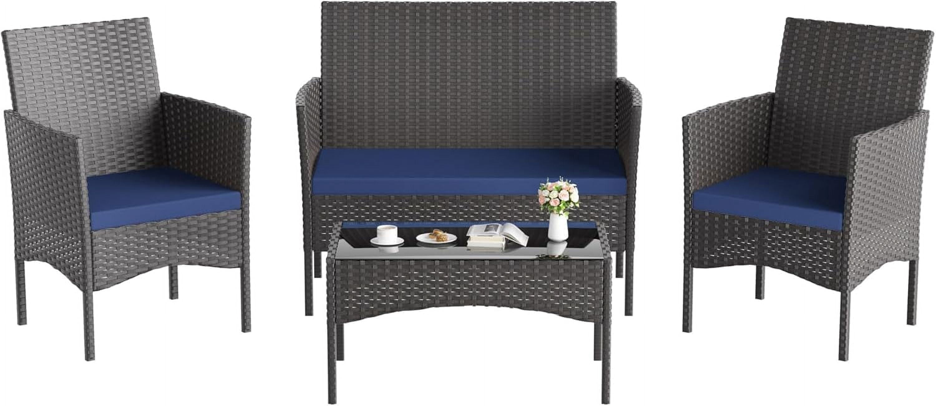 Kullavik 4-Piece Outdoor Patio Furniture Set, PE Wicker Rattan Conversation Set with Tempered Glass Table and Cushions (Navy Blue, 4-Piece Set) 1afkf