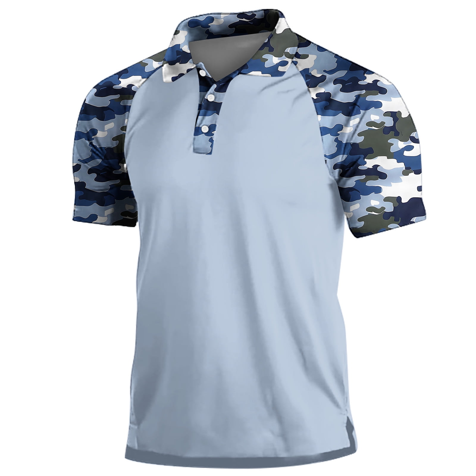 ZCFZJW Men's Camo Polo Golf Shirt Short Sleeve Casual V Neck Patchwork Top (Blue, XL) 10dkd