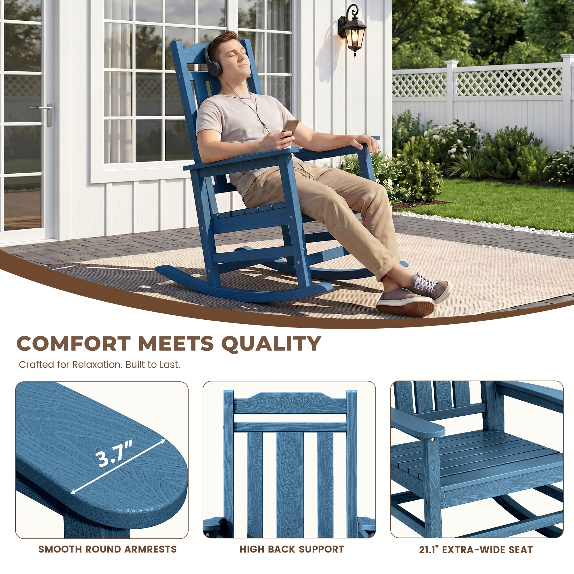 SERWALL Oversized Outdoor Rocking Chair, All-Weather HDPE Patio Rocker for Porch and Garden (Navy, 35 in D x 26.9 in W x 41.3 in H) b1i70