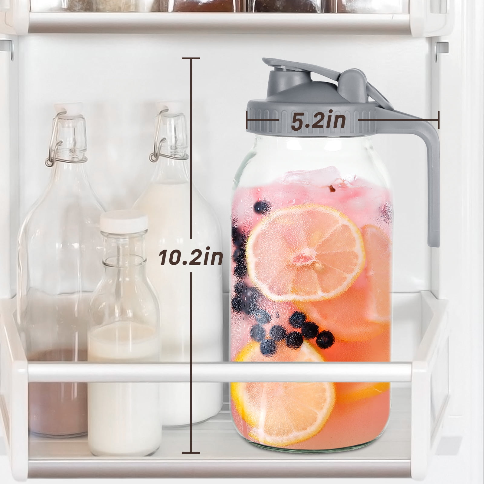 VA1KENE Glass Pitcher with Lid, Mason Jar Beverage Dispenser with Spout and Handle for Iced Tea and Lemonade (Gray, 64 fl oz) ckj10