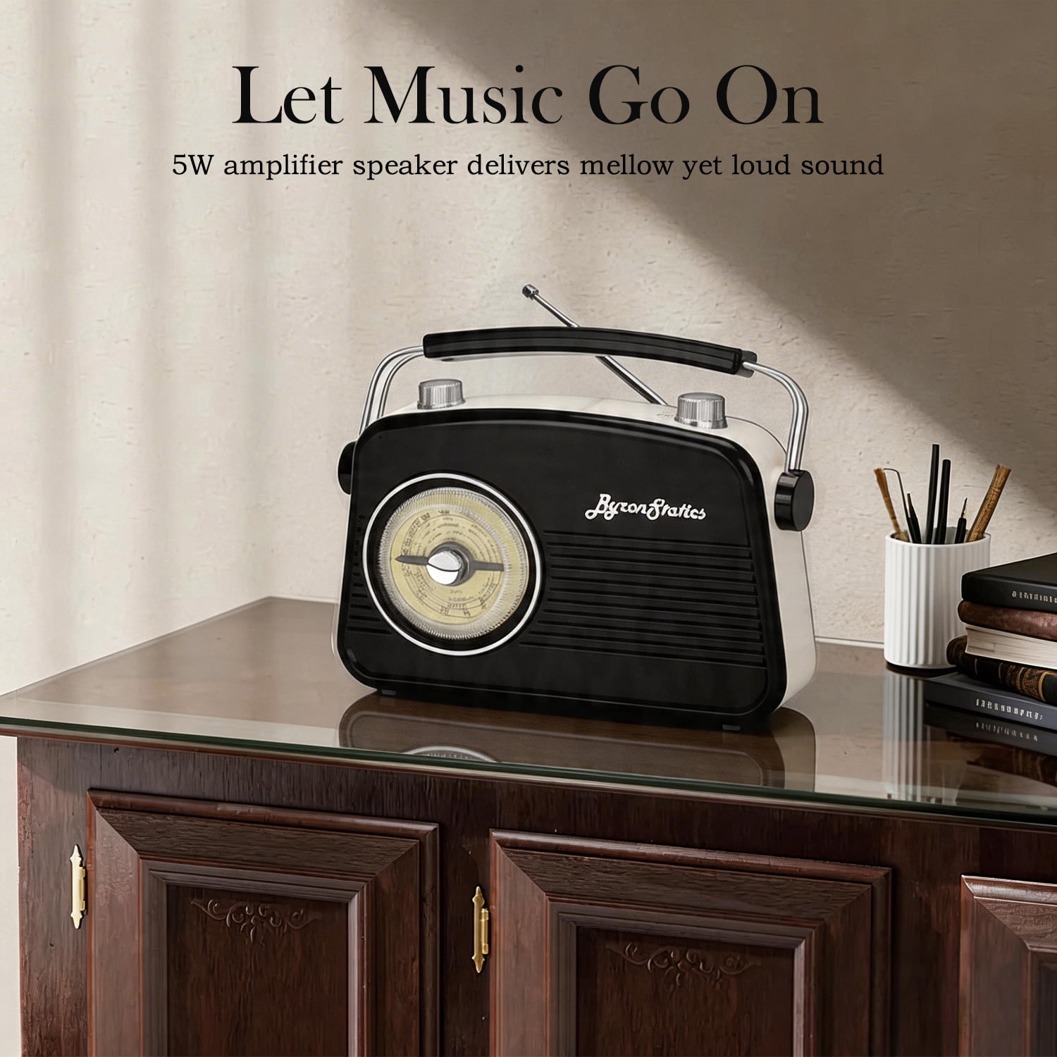 Byron Statics Portable AM FM Radio, Vintage Retro Style with Headphone Jack and Loud Speaker (Black, 8.8 x 7.3 x 1.8 in) 55wm7