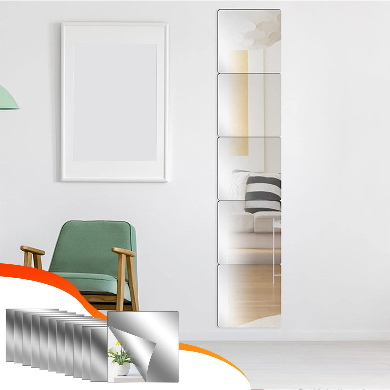 TOPRenddon Peel & Stick Mirror Tiles, Shatterproof Flexible Acrylic Wall Decals for Home Decor (Silver, 12-Pack, 6x6 in) bg0gy