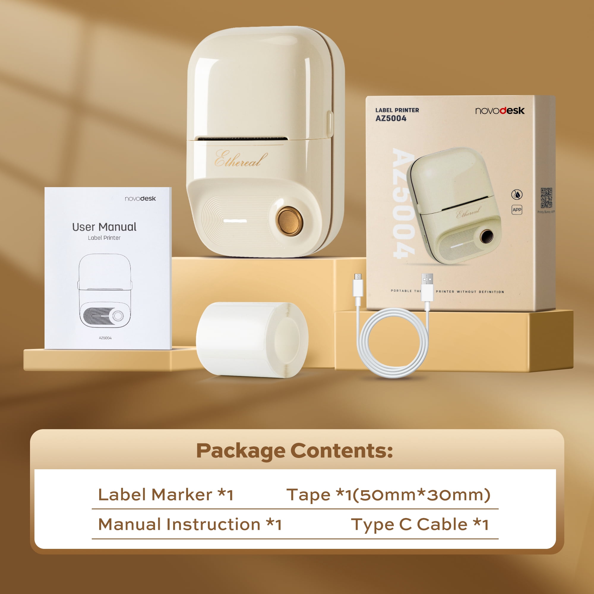 NOVODESK Portable Bluetooth Label Maker Machine, Thermal Printer for Small Business and Home Organization (Milky White, 2 in) 3v3vy