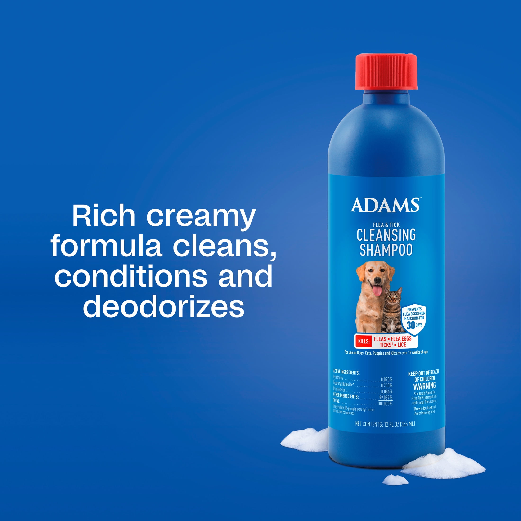ADAMS Flea & Tick Cleansing Shampoo for Dogs and Cats, Pet Grooming Treatment for Fleas, Ticks, and Lice (Blue, 12 fl oz) ul36n
