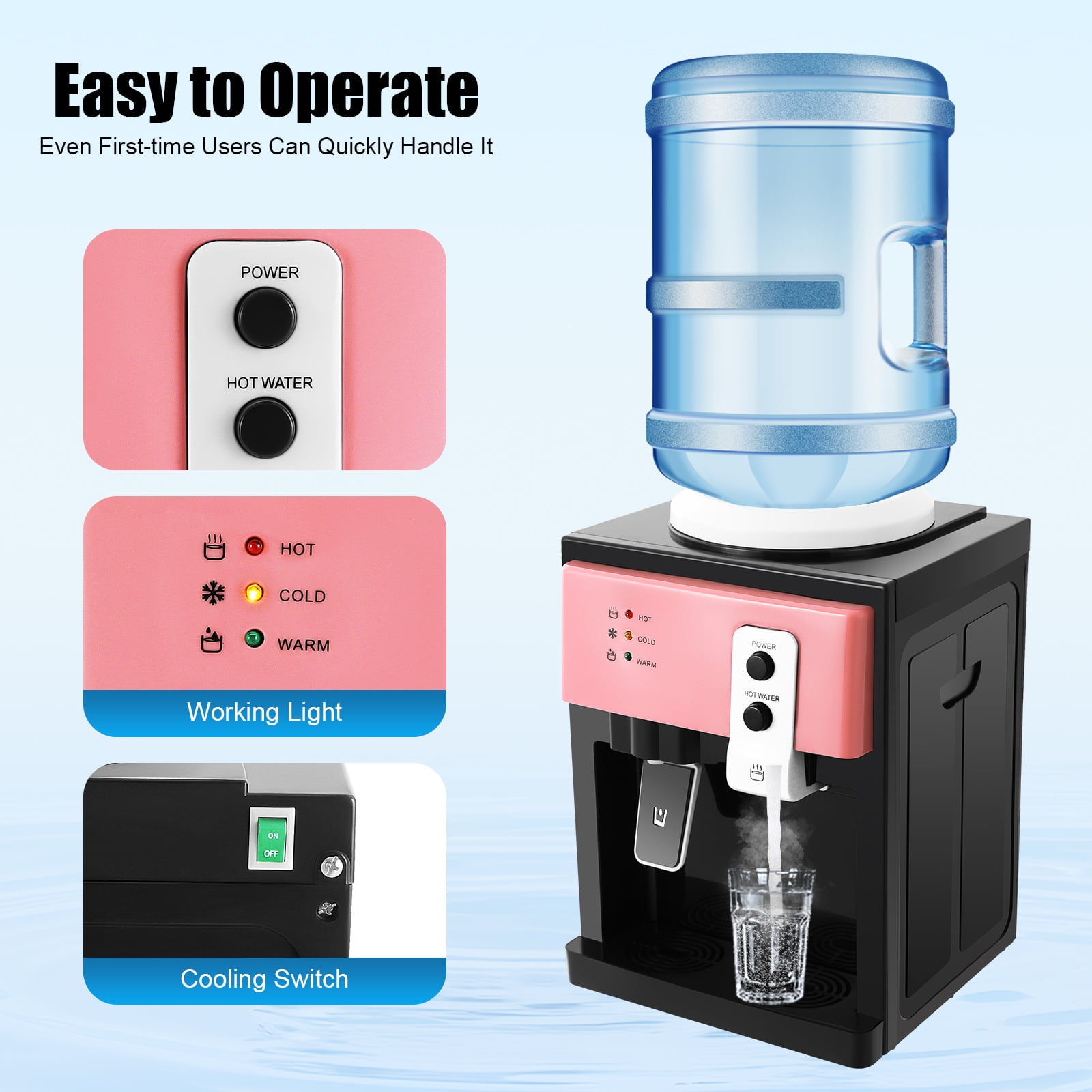 Generic Water Dispenser Top Loading Countertop Water Cooler with Hot and Cold Temperature Settings (Pink, 5 gal) 5cf33