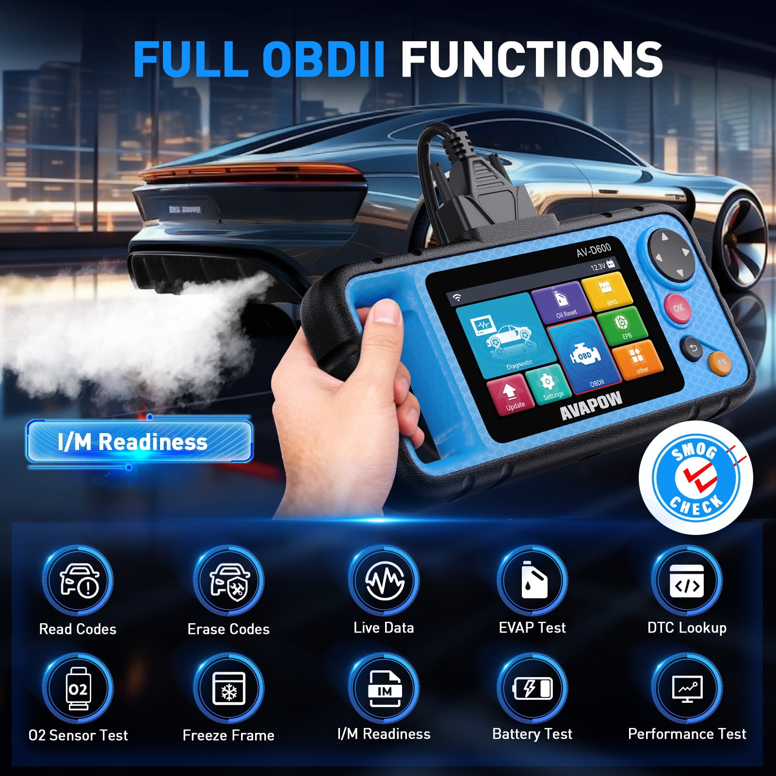 AVAPOW OBD2 Scanner Diagnostic Tool for Engine ABS SRS Transmission (Blue, 4.3 in Screen) 3isxr