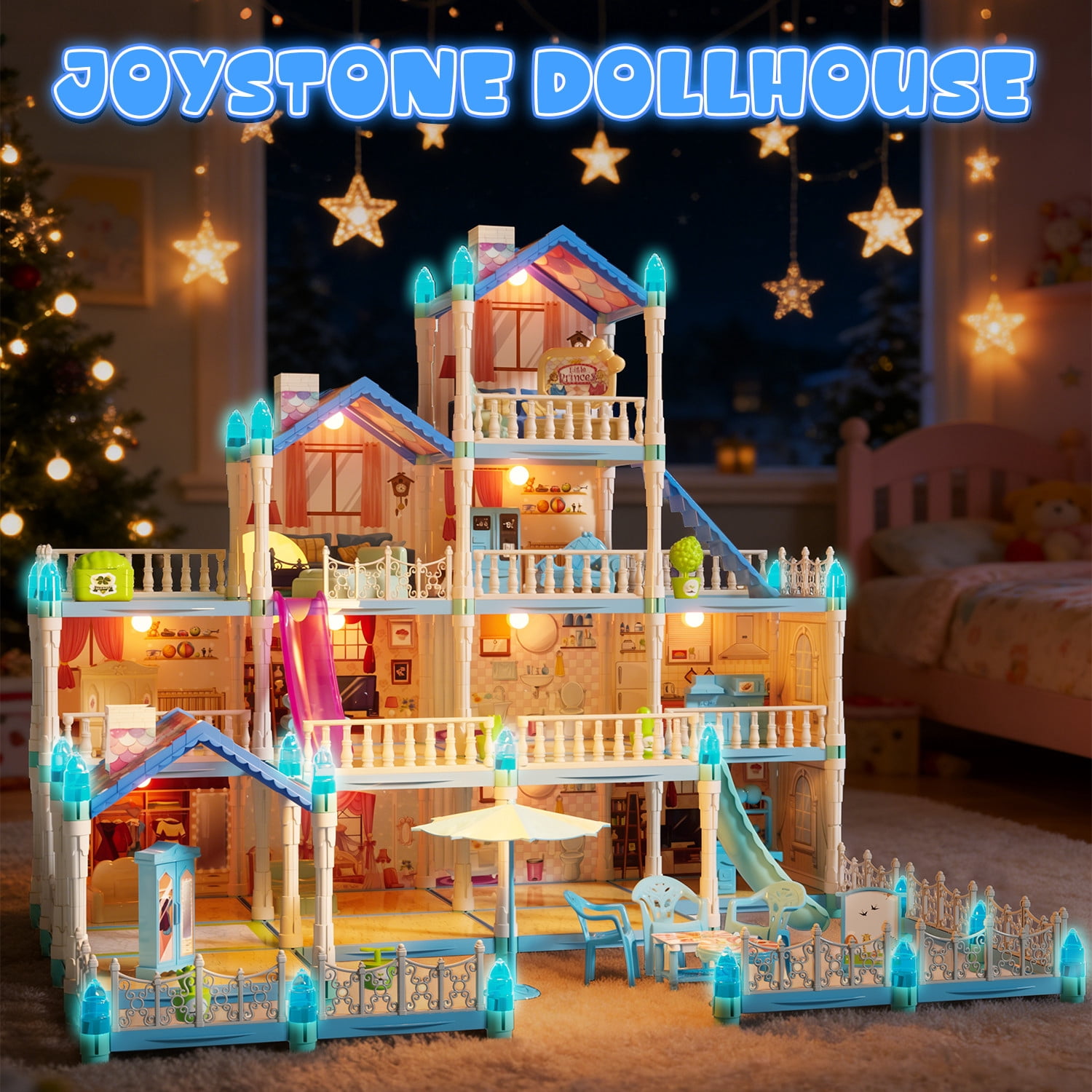JoyStone Dollhouse with Warm Light, DIY Pretend Play Playhouse with 14 Rooms and 2 Dolls (Blue) w91cf