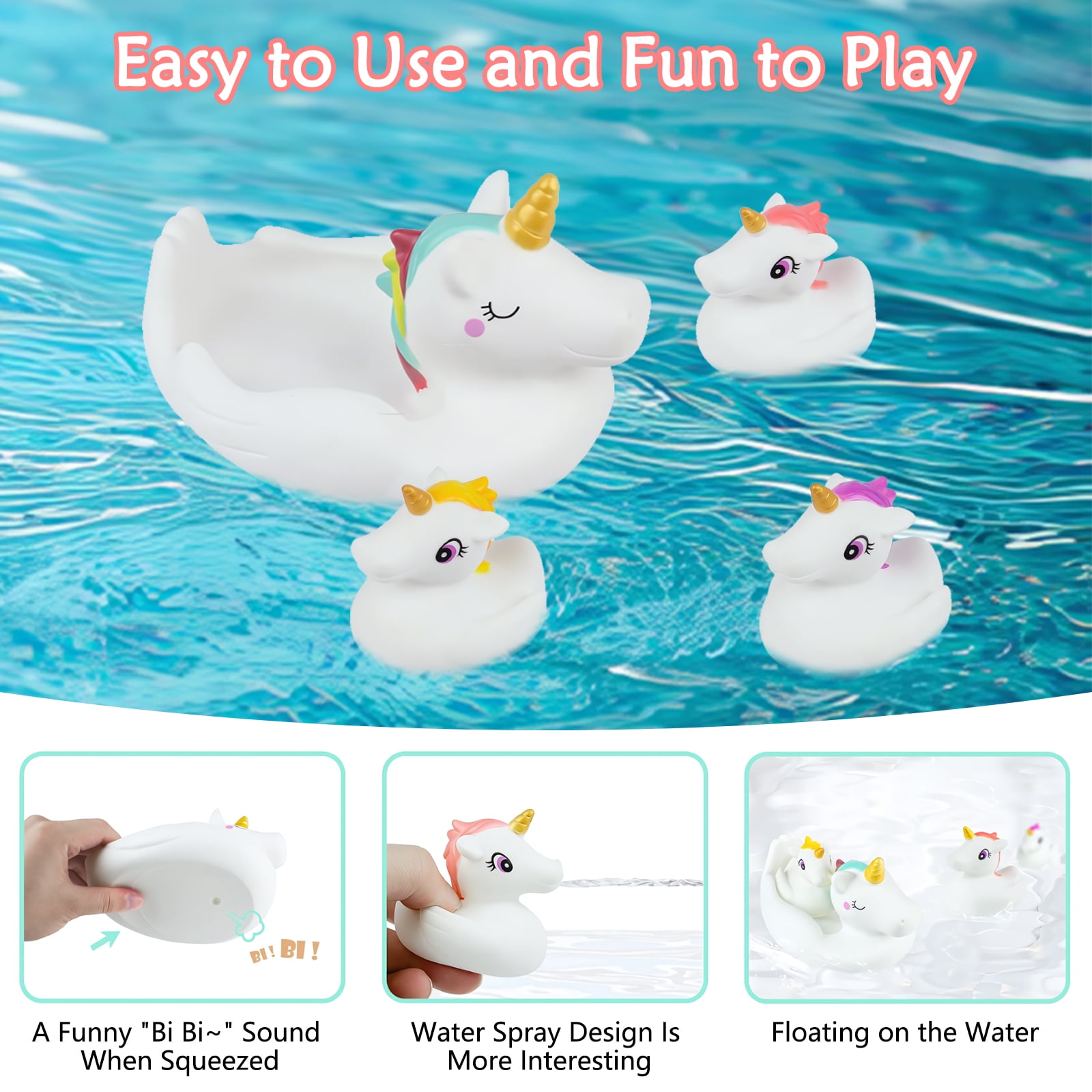 Timy Unicorn Bath Toy Set Floating Water Spray Toys for Toddlers (White, 4 Pcs) npju6