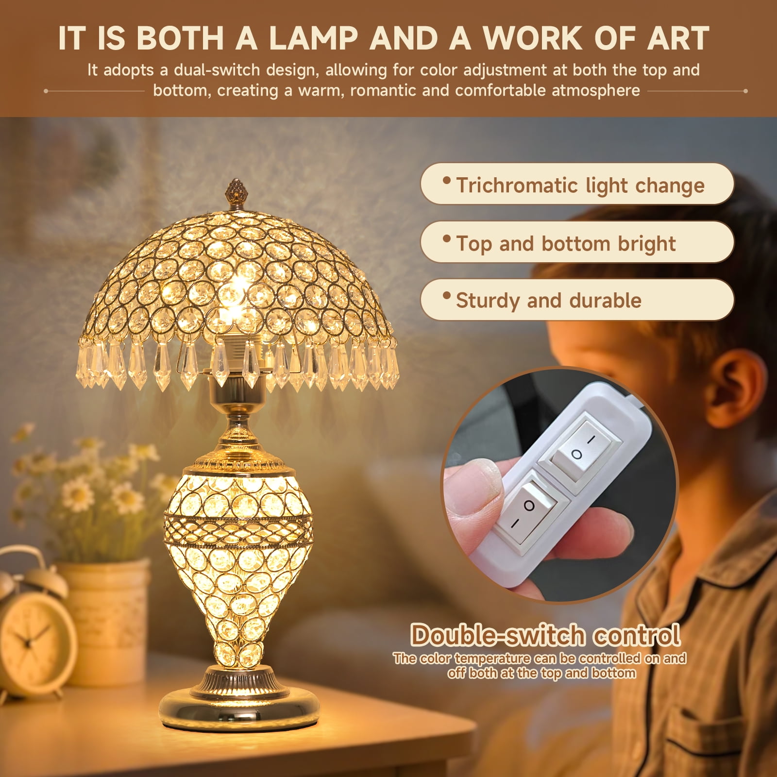 xiaojuande Crystal Table Lamp Modern LED Bedside Light with 3-Level Dimming (Silver, 9.8 in) 3v253