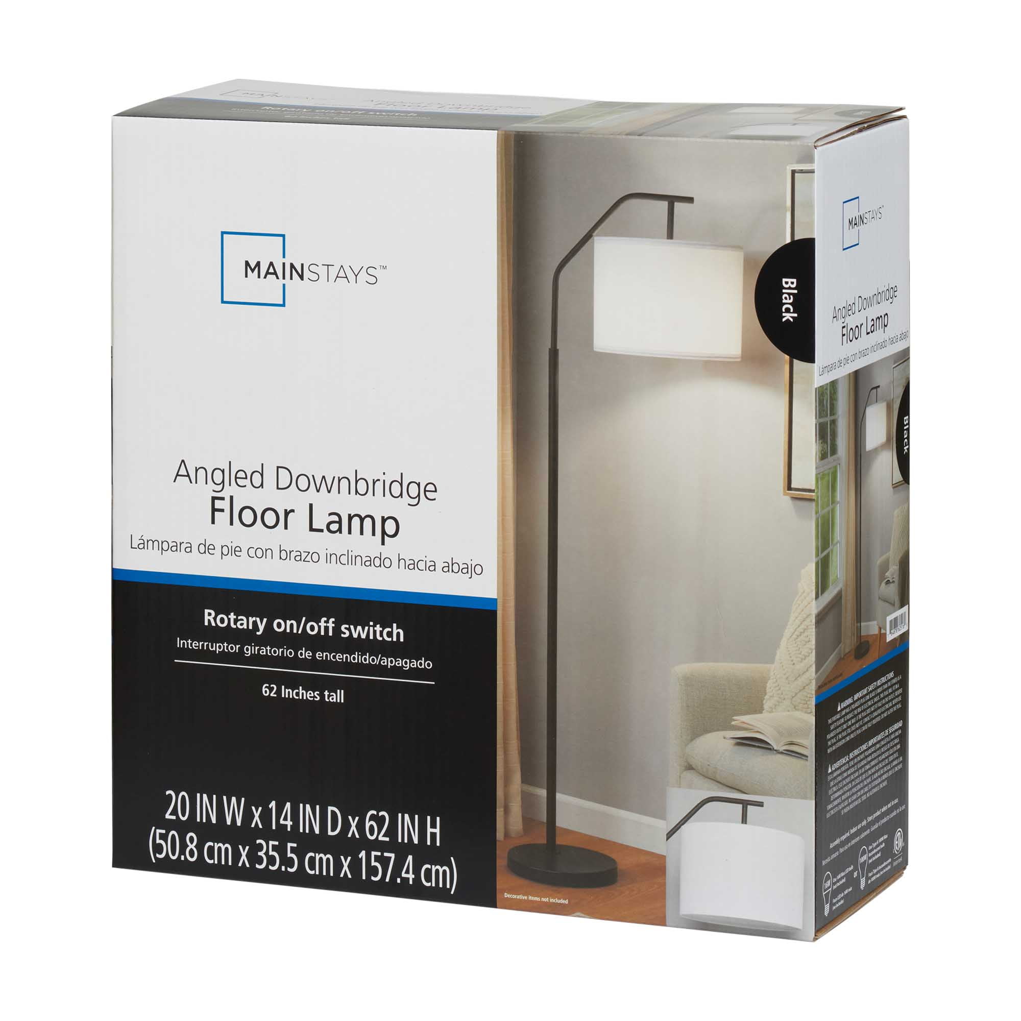Mainstays 62 in Metal Angled Downbridge Floor Lamp with Linen Shade (Black, 62 in) y353p