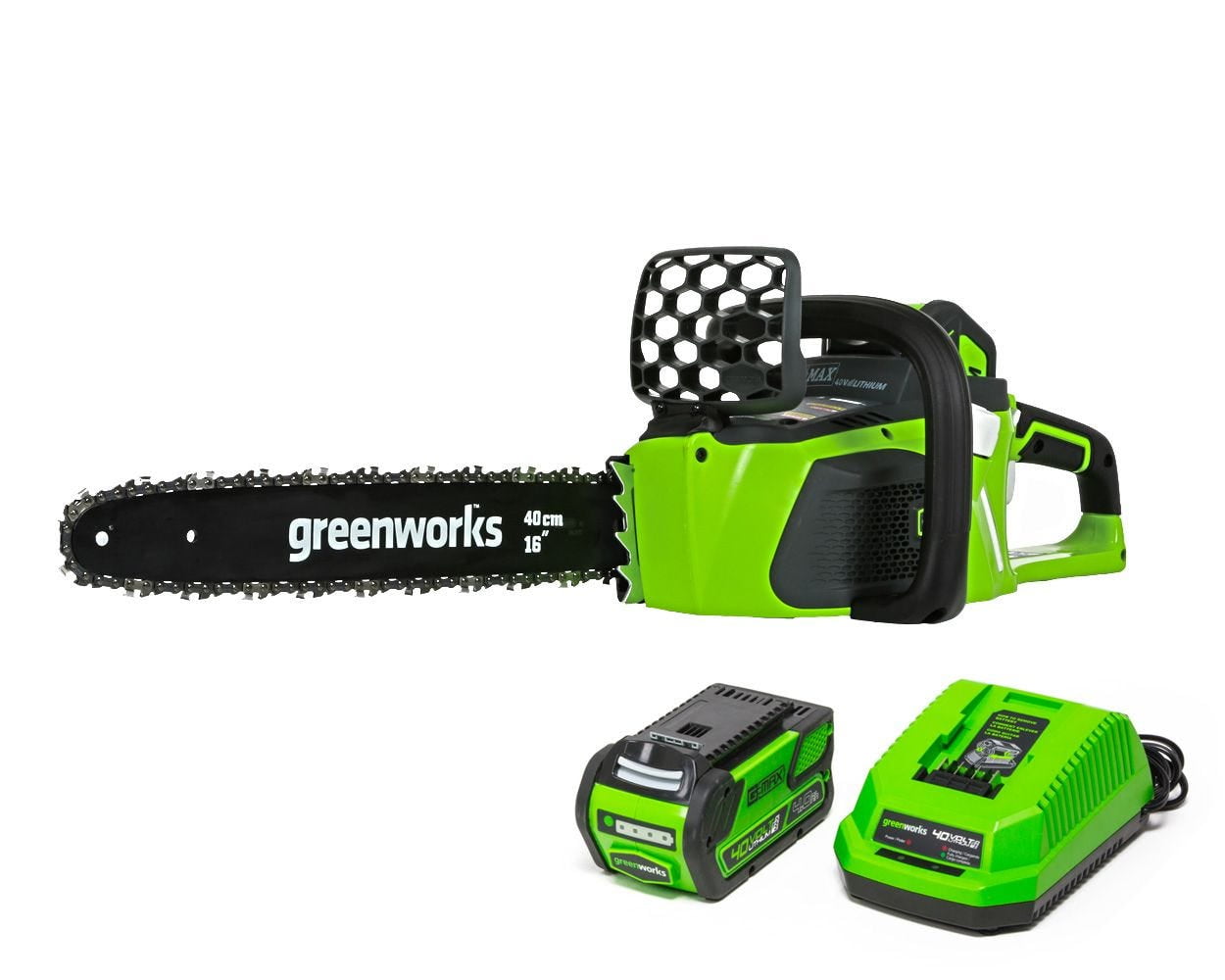 Greenworks 40V 16-inch Cordless Brushless Chainsaw with 4Ah Battery and Charger (Green, 16 in) v2zds